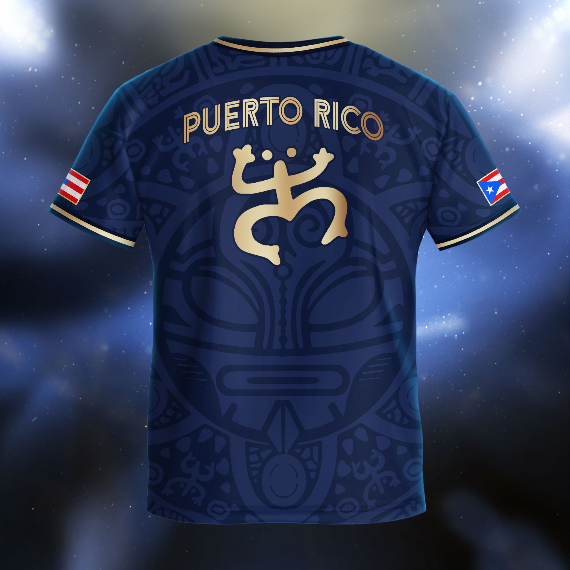 Camiseta de fútbol patriótica tribal boricua sol taíno coquí de Puerto Rico para niños y jóvenes, color dorado y azul marino