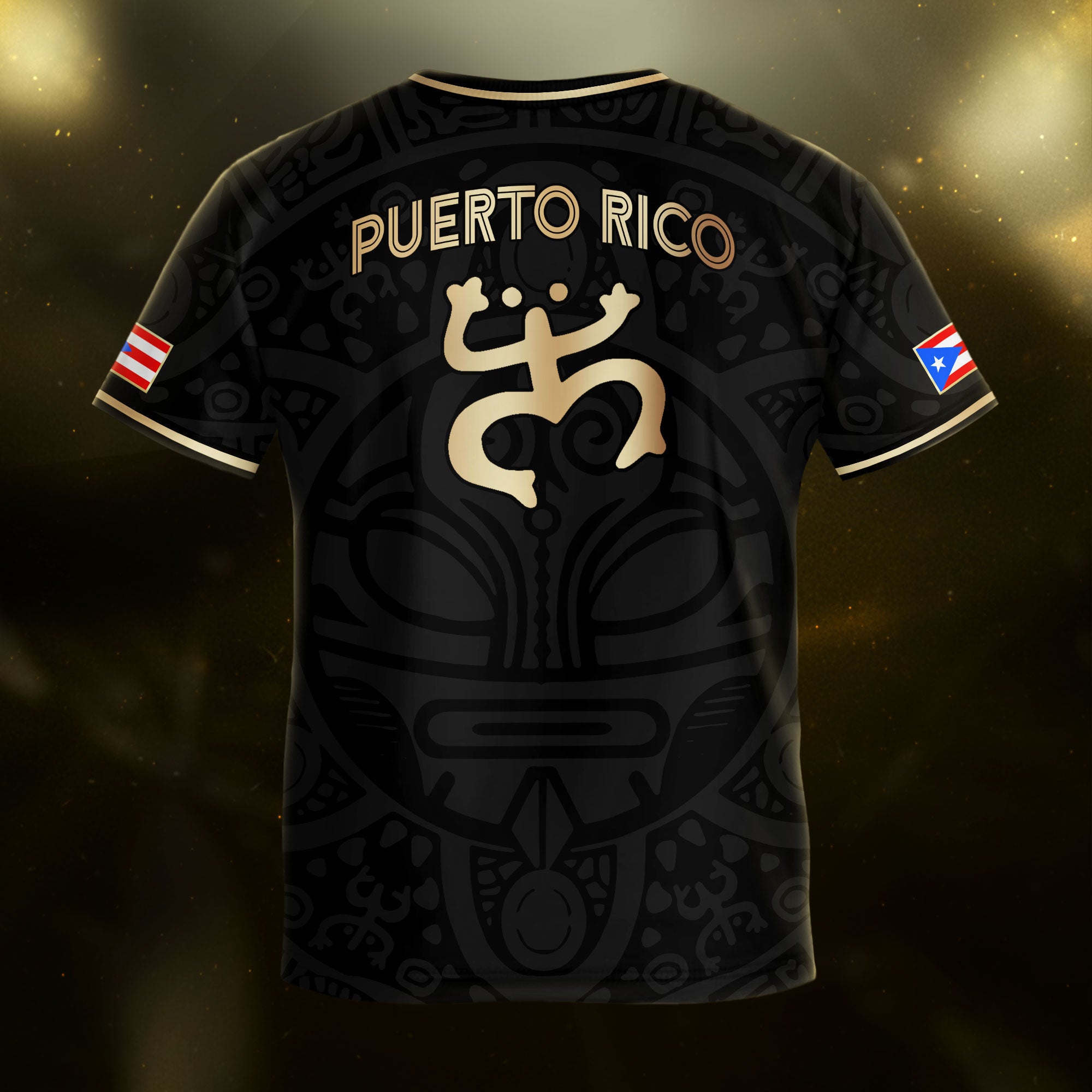 Puerto Rico Kids Youth Black Gold Boricua Taino Mask Coqui Frog Tribal Soccer Jersey