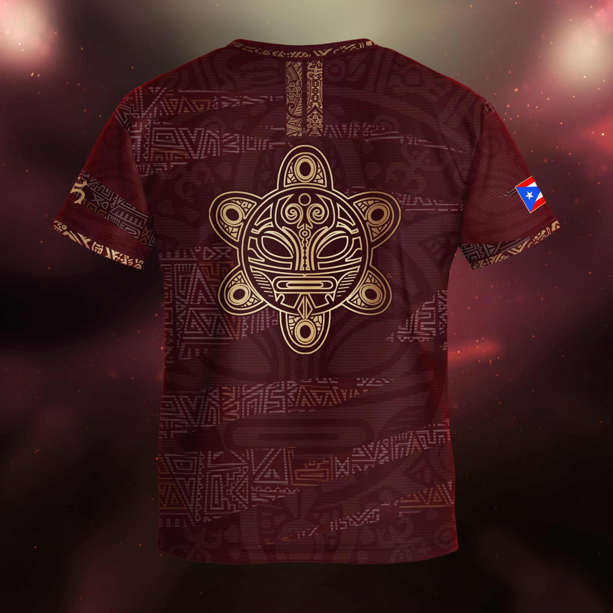 Camiseta de fútbol boricua de herencia nacional con diseño tribal taíno dorado granate para niños y jóvenes de Puerto Rico