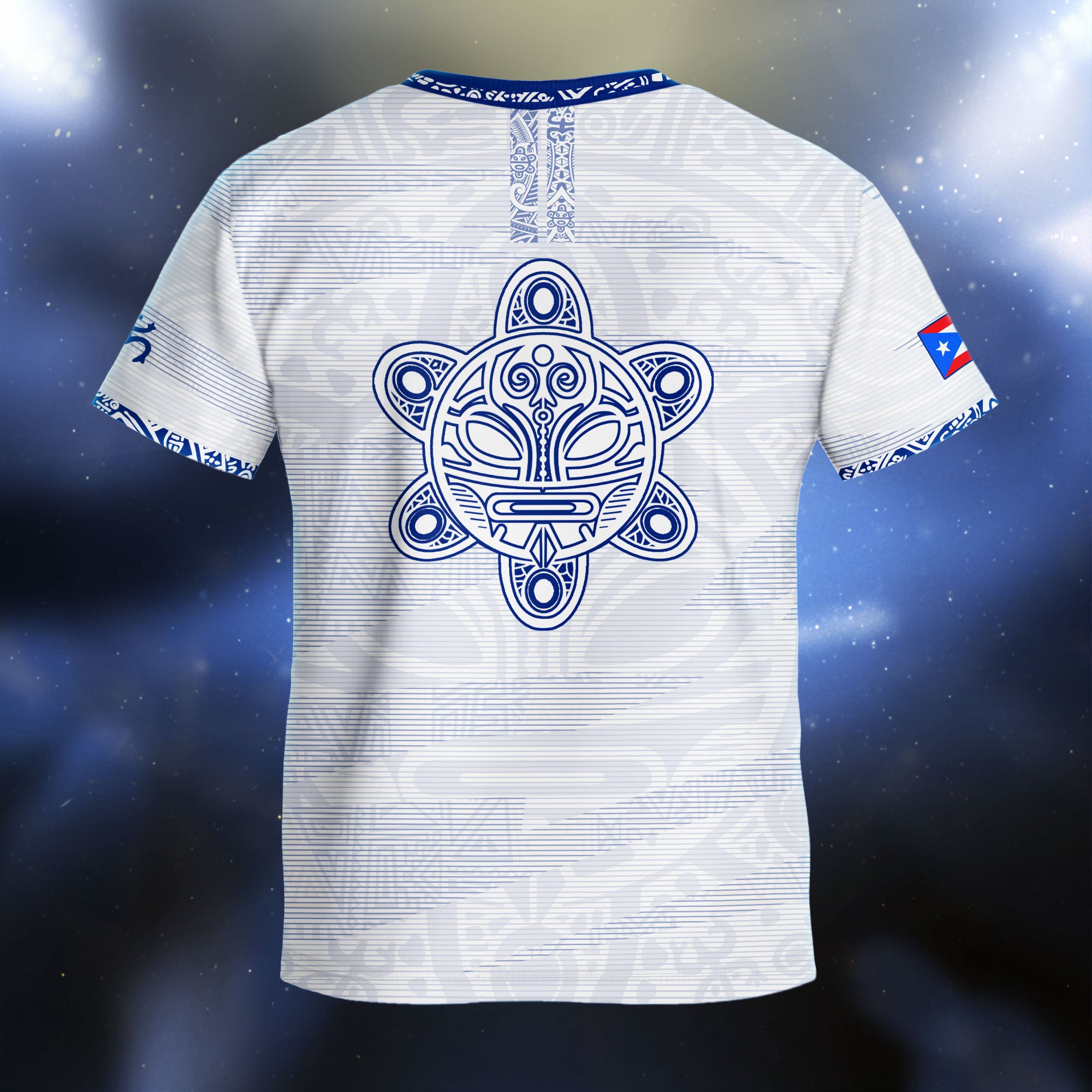 Camiseta de fútbol boricua de herencia nacional con patrón tribal taíno blanco y azul para niños y jóvenes de Puerto Rico