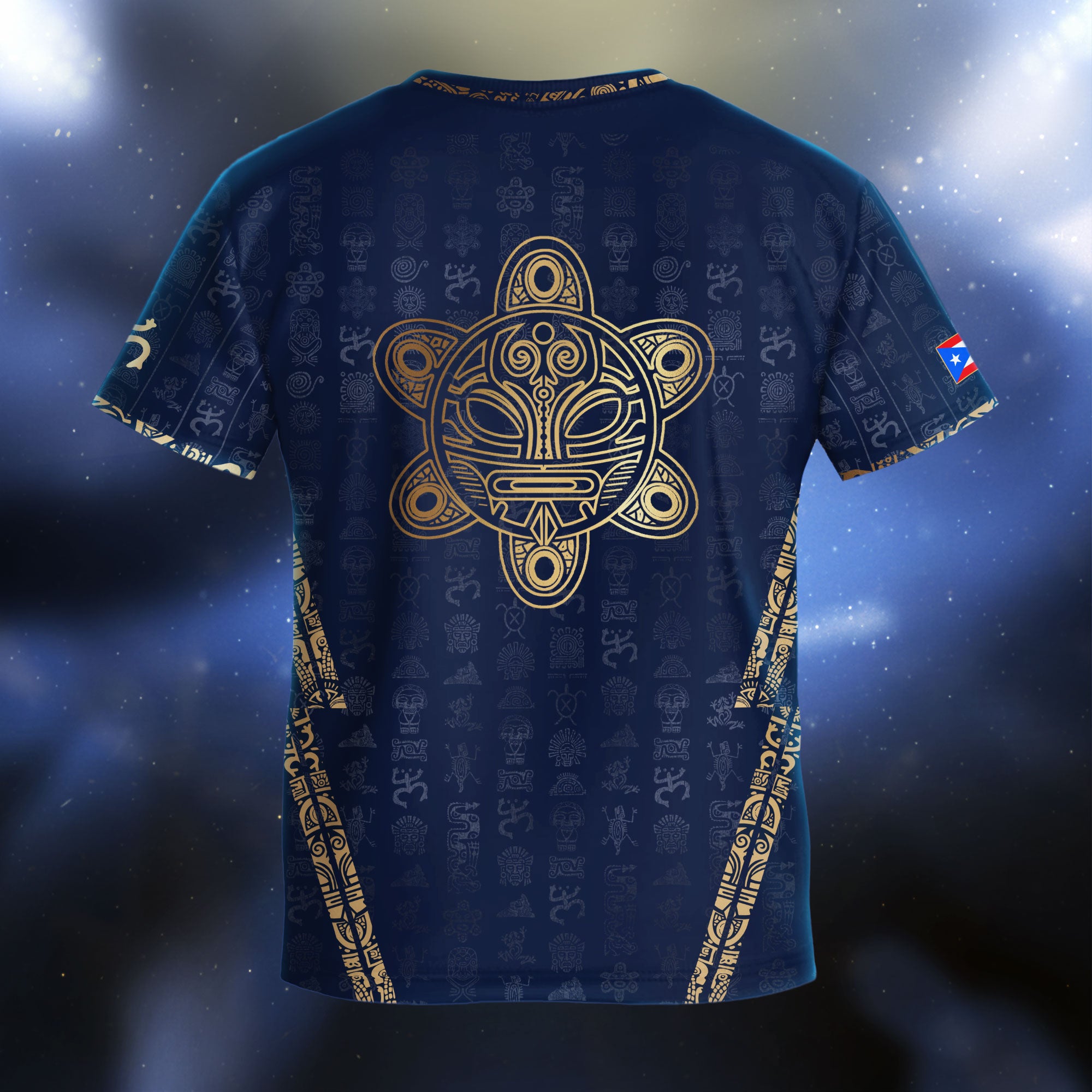 Camiseta de fútbol juvenil de Puerto Rico para niños, color azul marino dorado, con el Sol Taino, herencia nacional, arte boricua