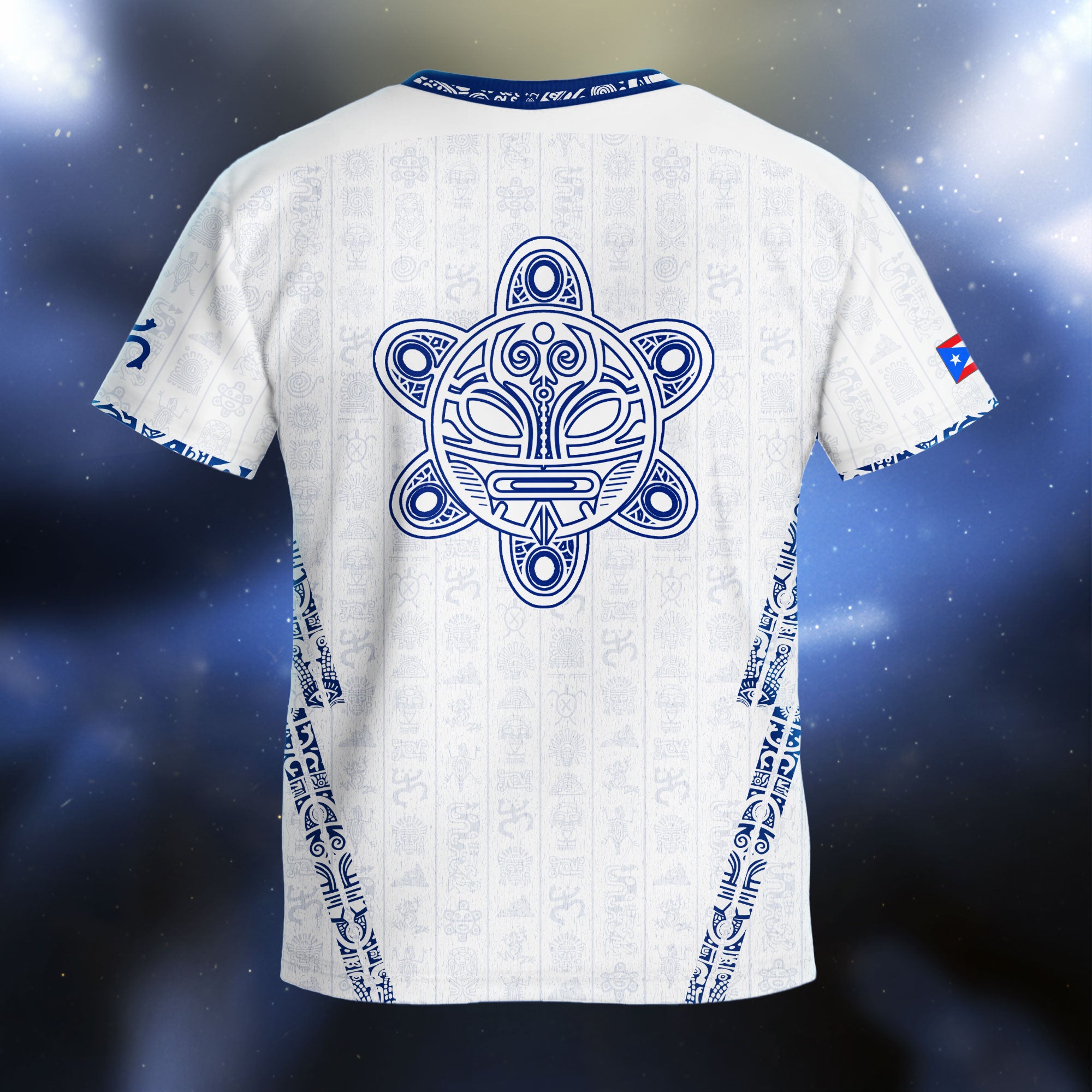 Camiseta de fútbol juvenil blanca y azul del Sol Taino de Puerto Rico, patrimonio nacional, arte boricua
