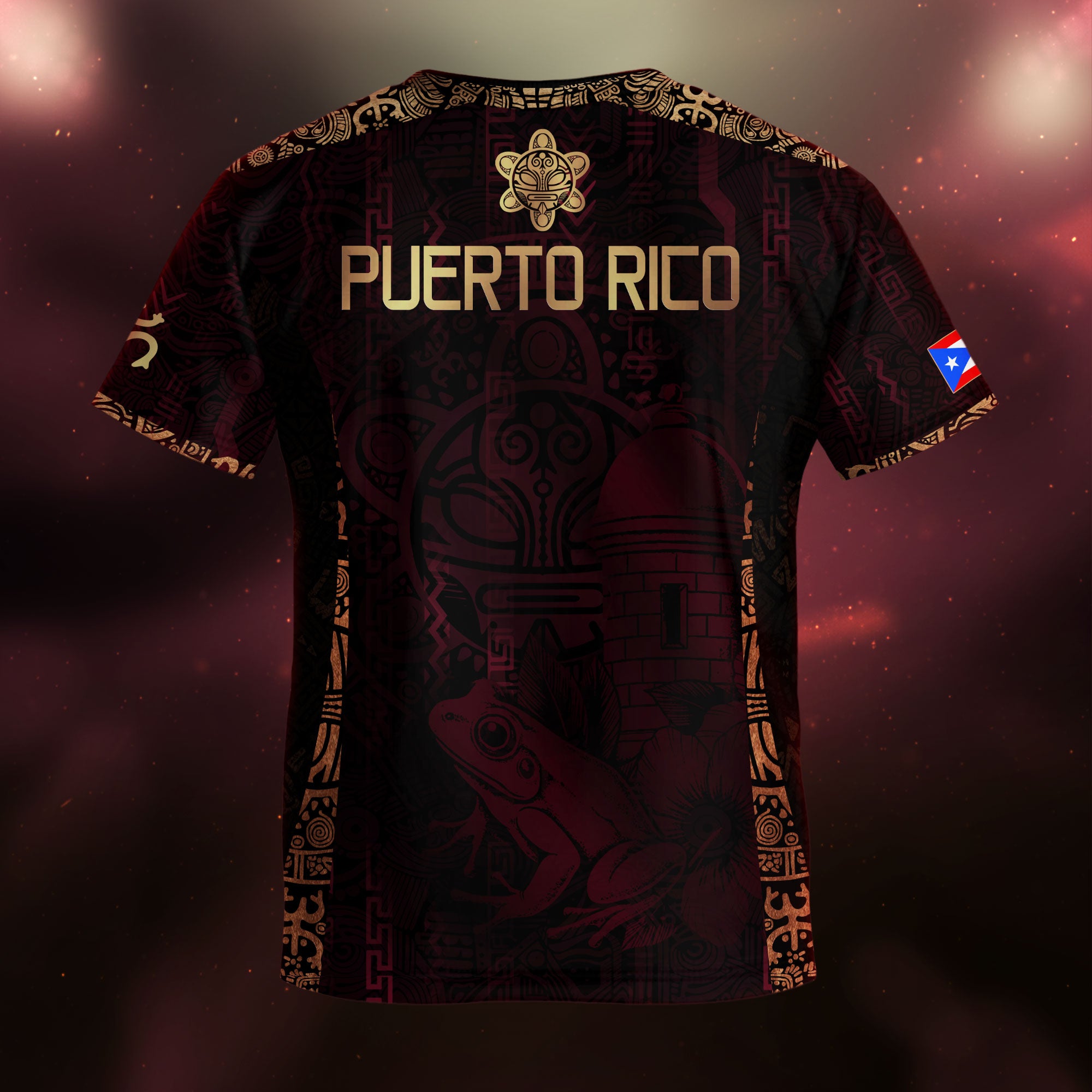 Puerto Rico Kids Youth Maroon Gold Taino Sun Boricua Coqui Frog Heritage Art Soccer Jersey