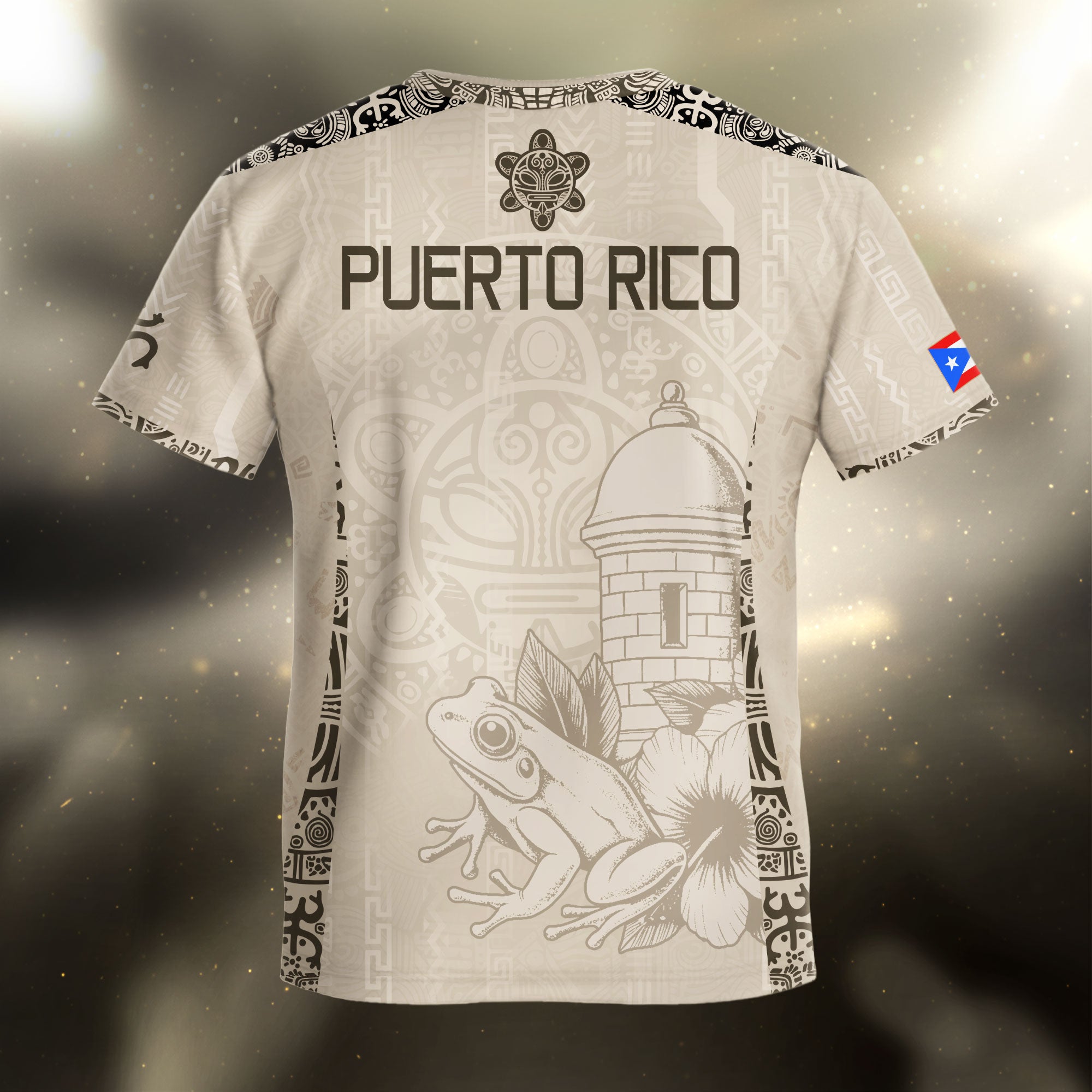 Puerto Rico Kids Youth Beige Gold Coqui Frog Floral Garita Taino Sun Heritage Soccer Jersey