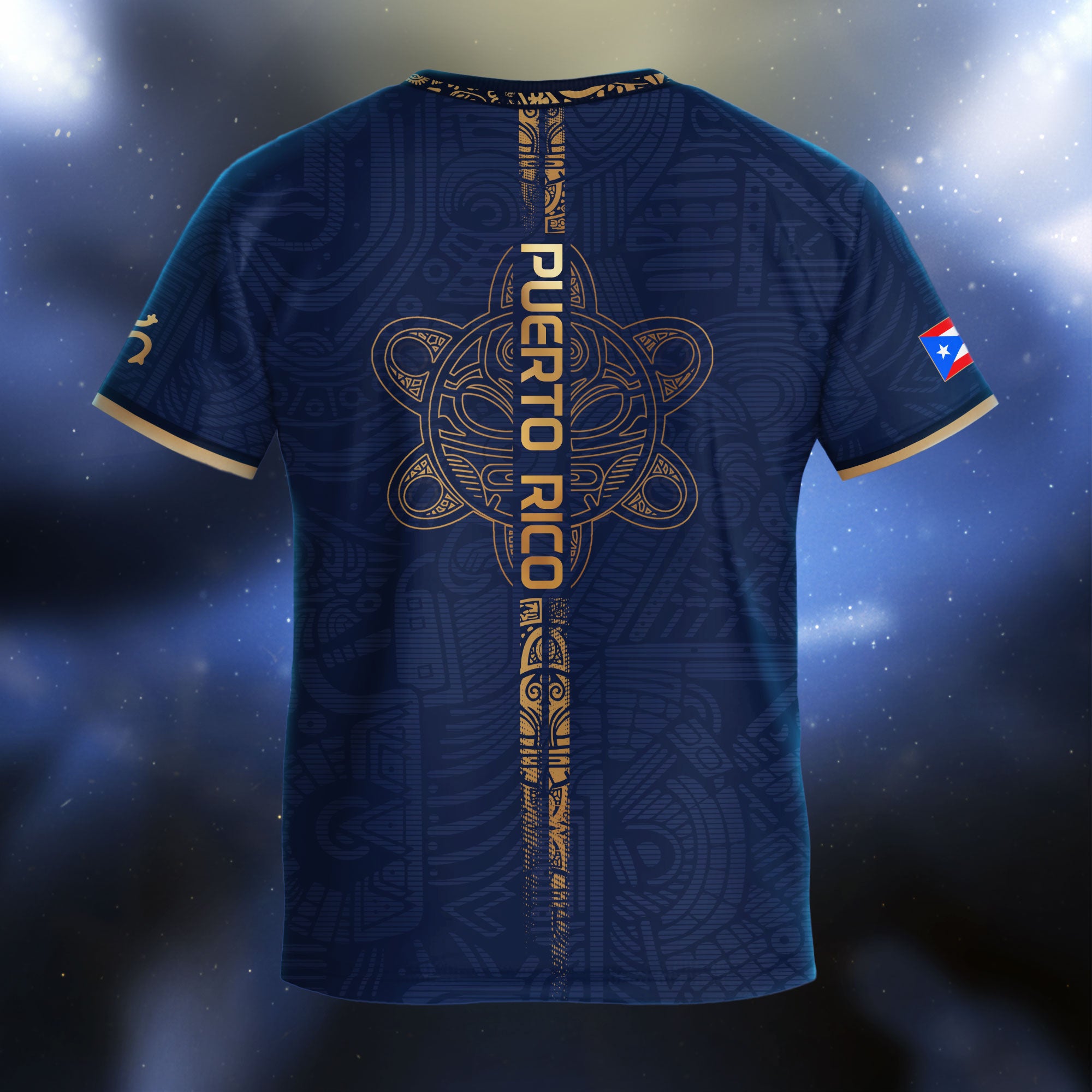 Camiseta de fútbol boricua de herencia nacional con texto vertical del Sol Taino dorado azul marino para niños y jóvenes de Puerto Rico