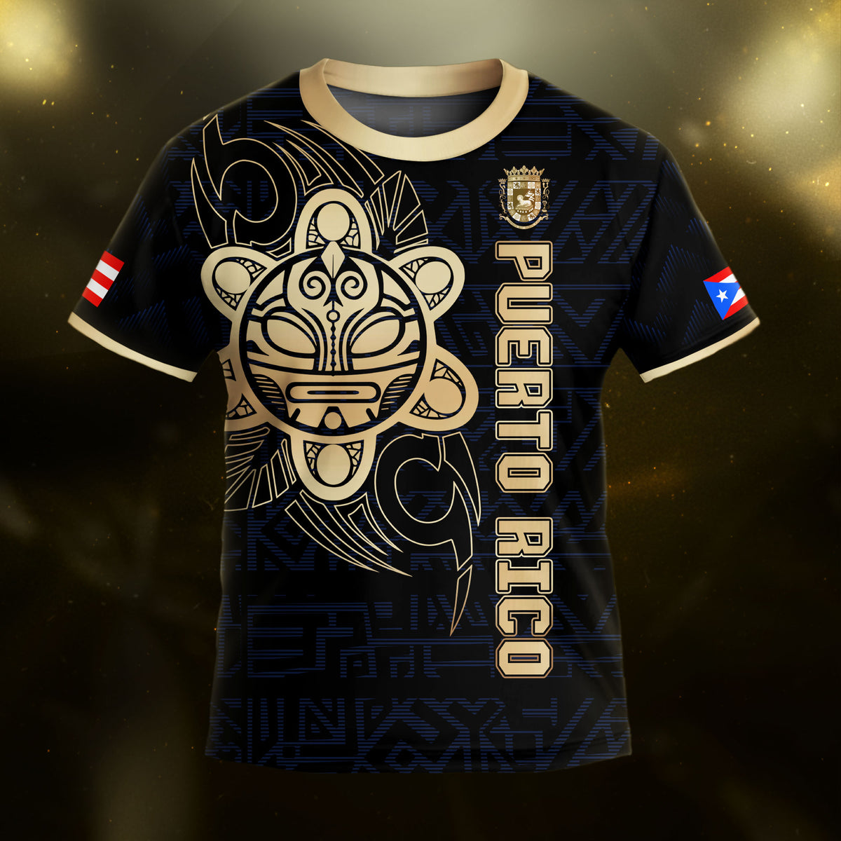 Puerto Rico Kids Youth Black Navy Gold Taino Sun God Tribal Heritage Soccer Jersey