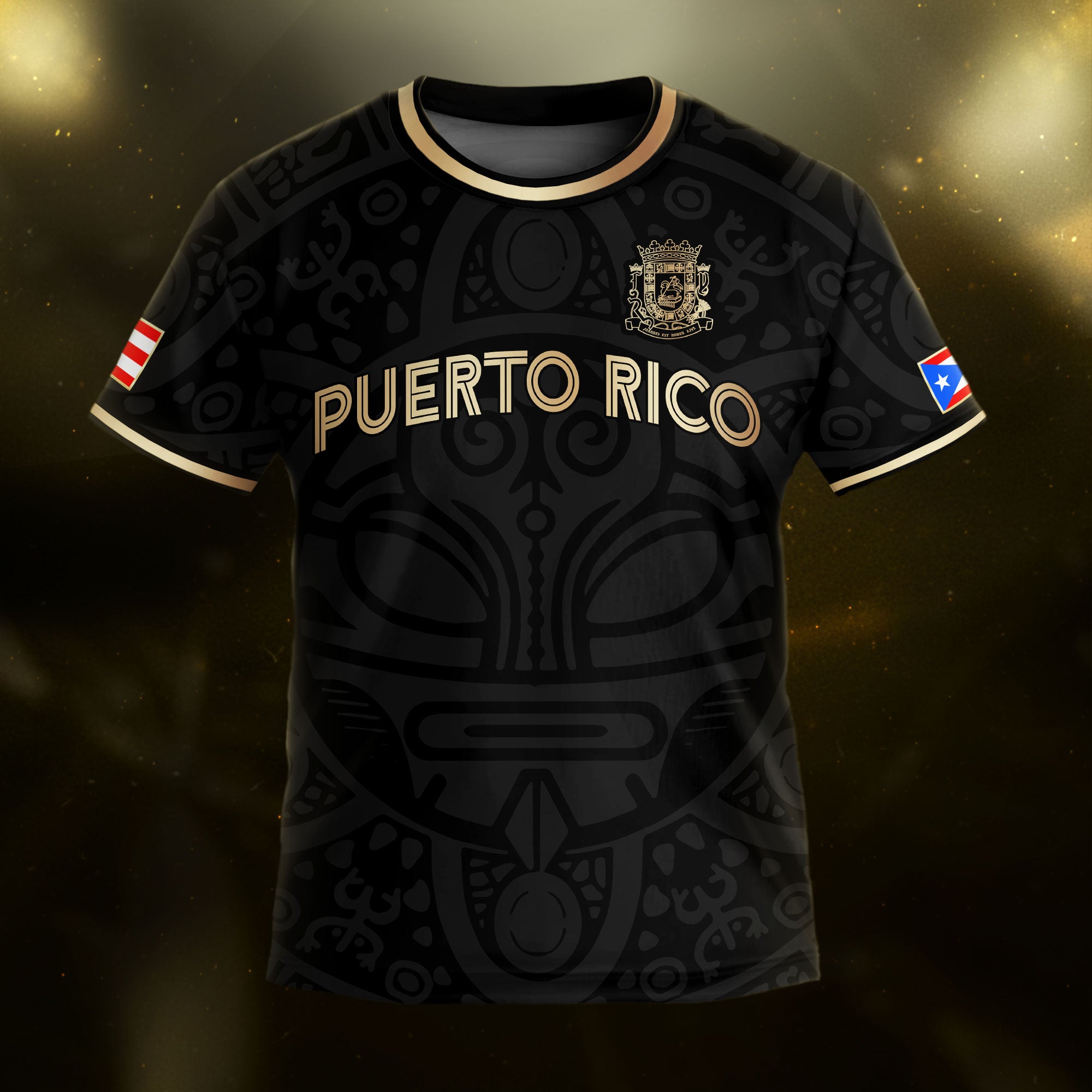 Puerto Rico Kids Youth Black Gold Boricua Taino Mask Coqui Frog Tribal Soccer Jersey