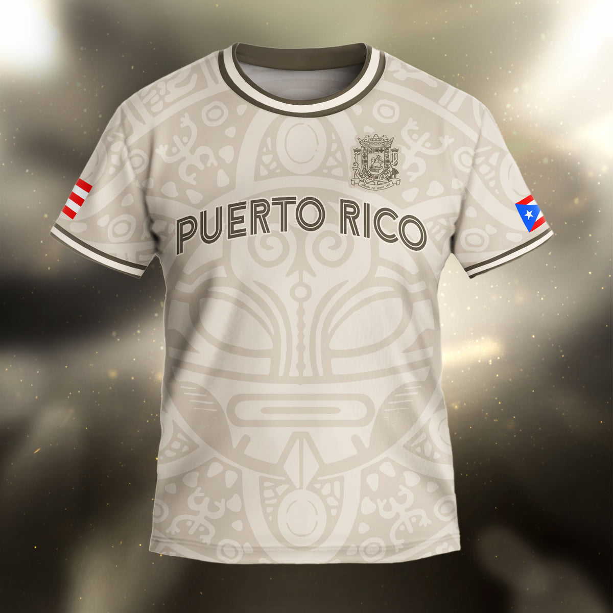 Puerto Rico Kids Youth Beige Gold Boricua Taino Mask Coqui Frog Tribal Soccer Jersey