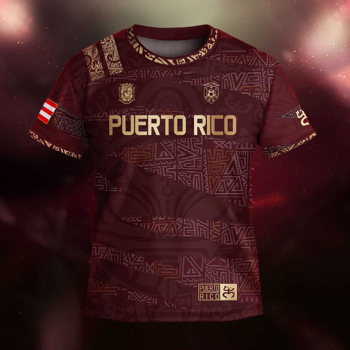 Puerto Rico Kids Youth Maroon Gold Taino Tribal Pattern National Heritage Boricua Soccer Jersey