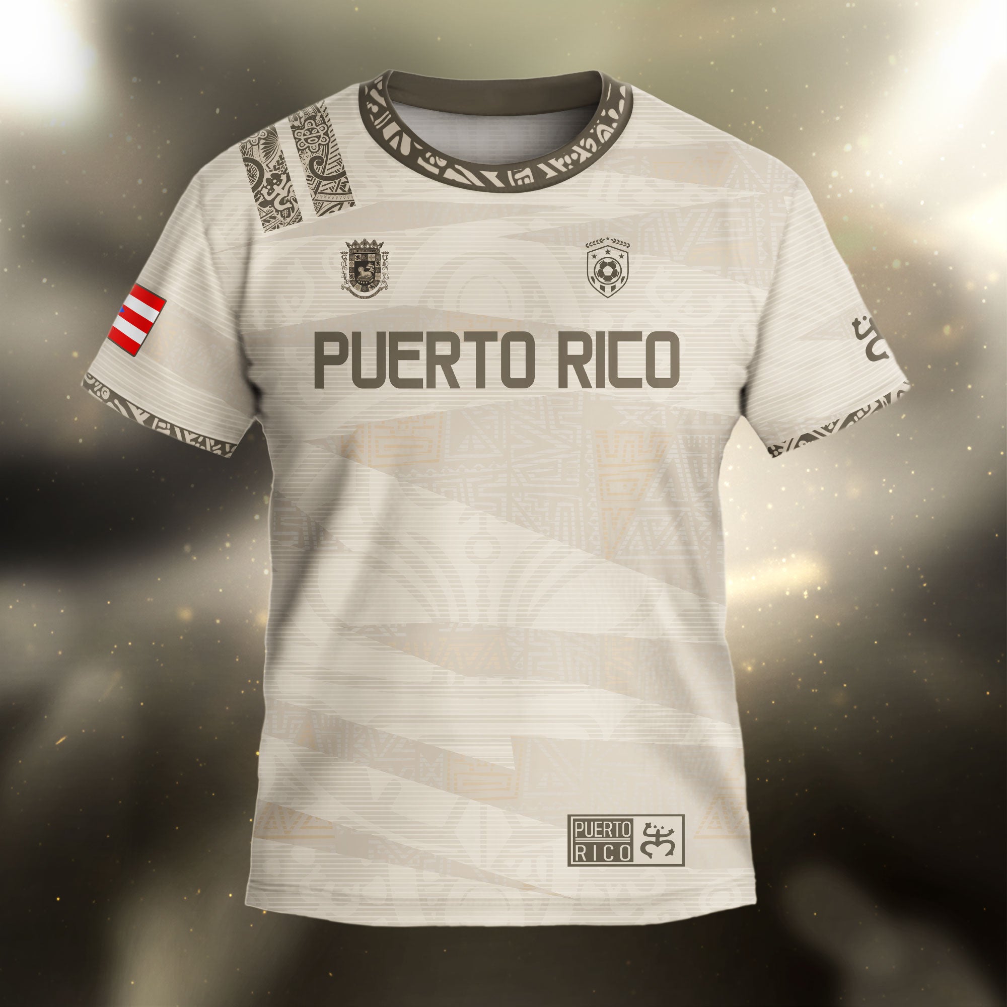 Puerto Rico Kids Youth Beige Gold Taino Tribal Pattern National Heritage Boricua Soccer Jersey