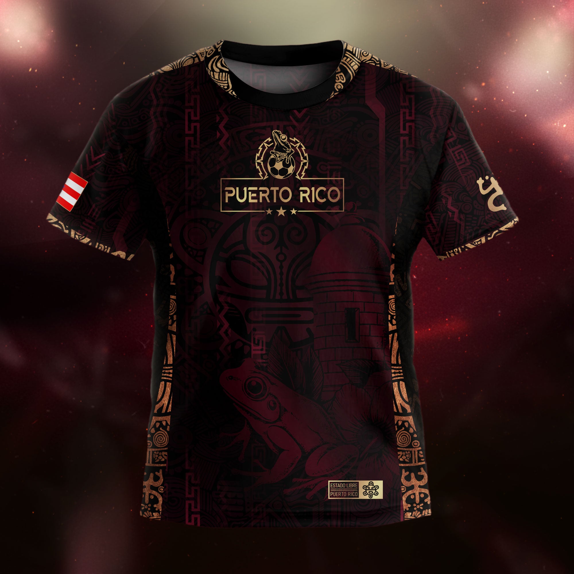 Puerto Rico Kids Youth Maroon Gold Taino Sun Boricua Coqui Frog Heritage Art Soccer Jersey