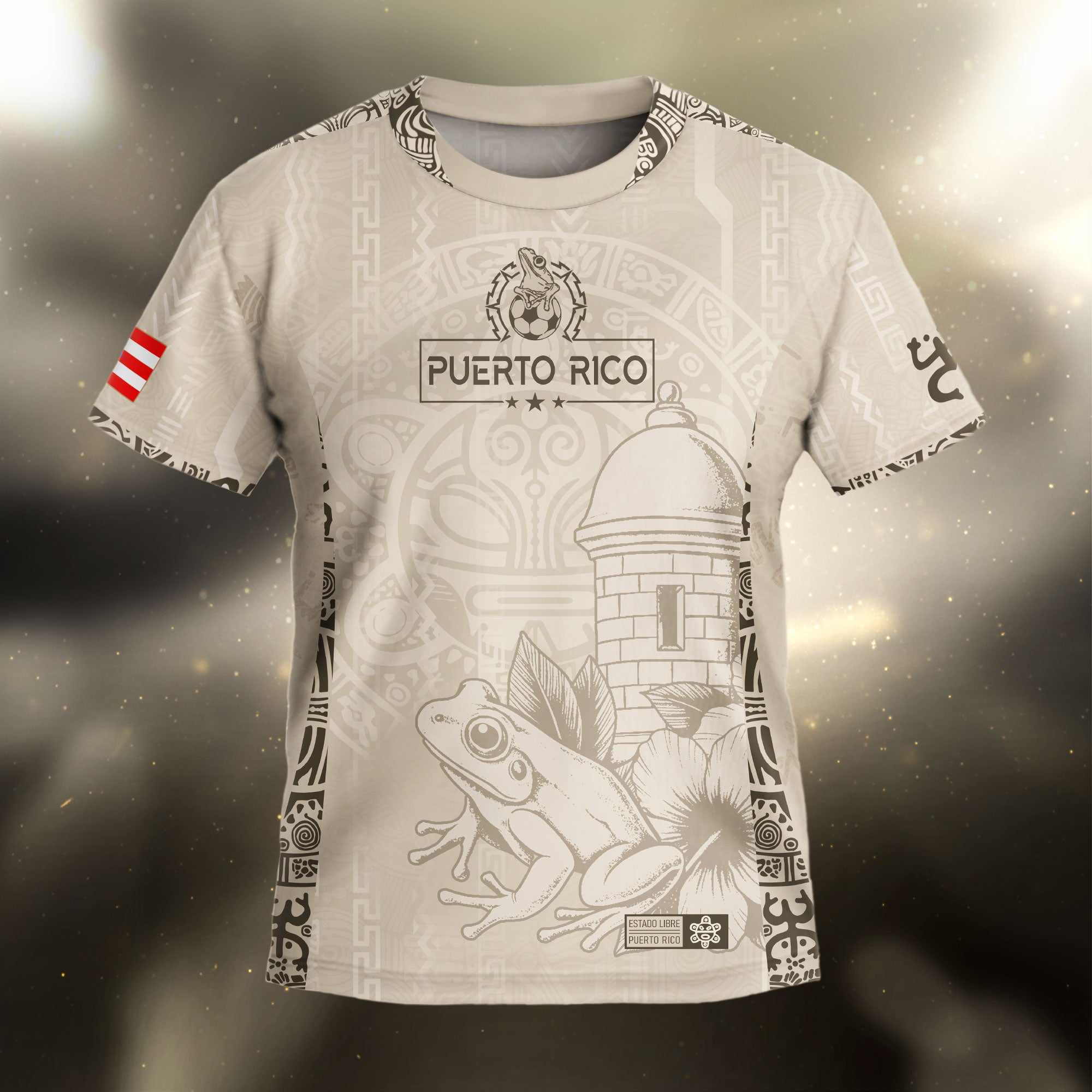 Puerto Rico Kids Youth Beige Gold Coqui Frog Floral Garita Taino Sun Heritage Soccer Jersey