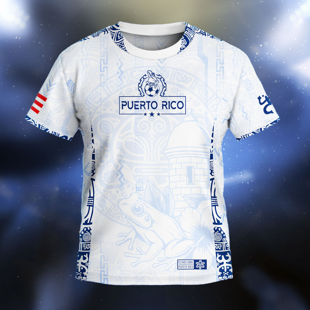 Puerto Rico Kids Youth White Blue Coqui Frog Garita Floral Taino Sun Heritage Soccer Jersey