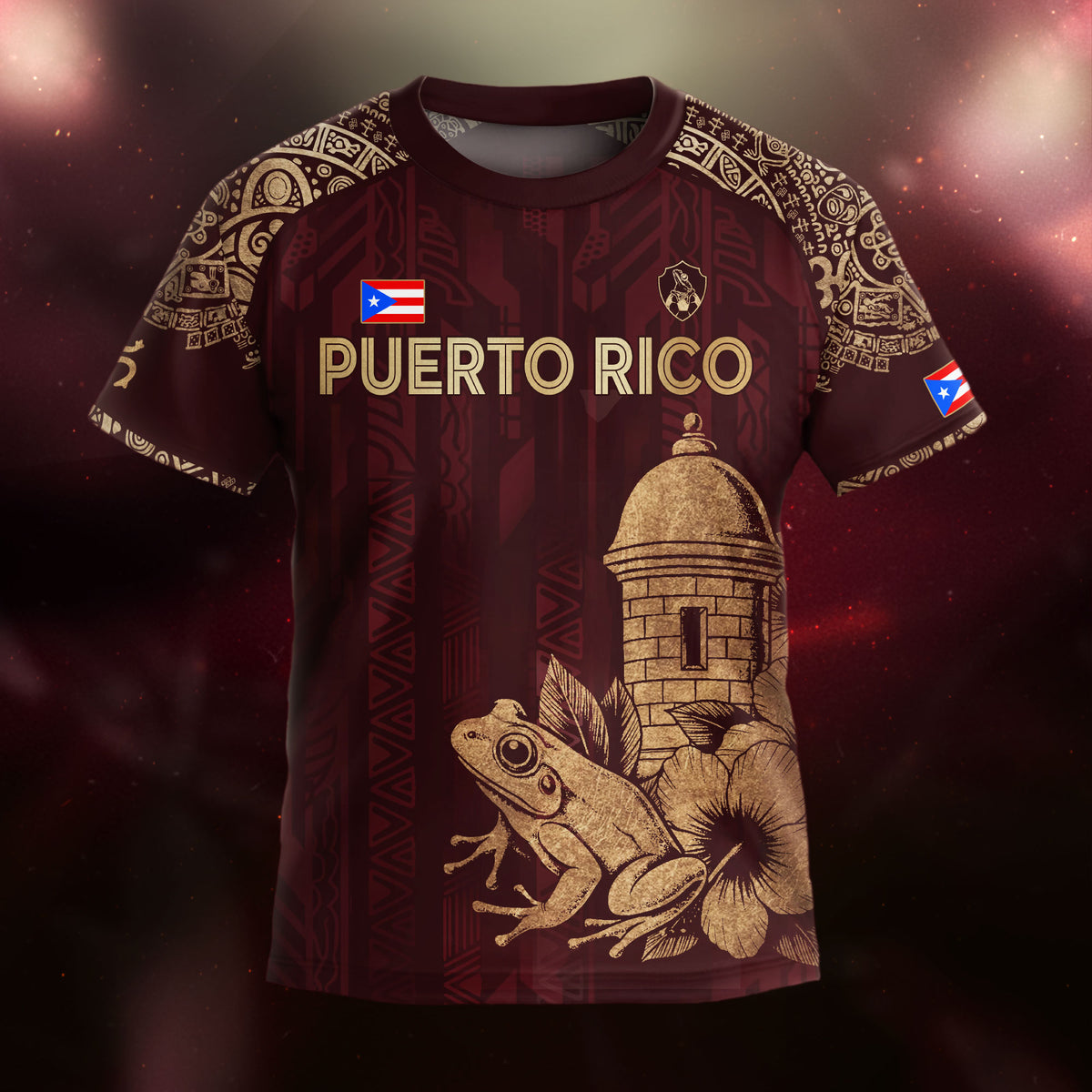 Puerto Rico Kids Youth Maroon Gold Coqui Frog Garita Floral Taino Sun Heritage Soccer Jersey