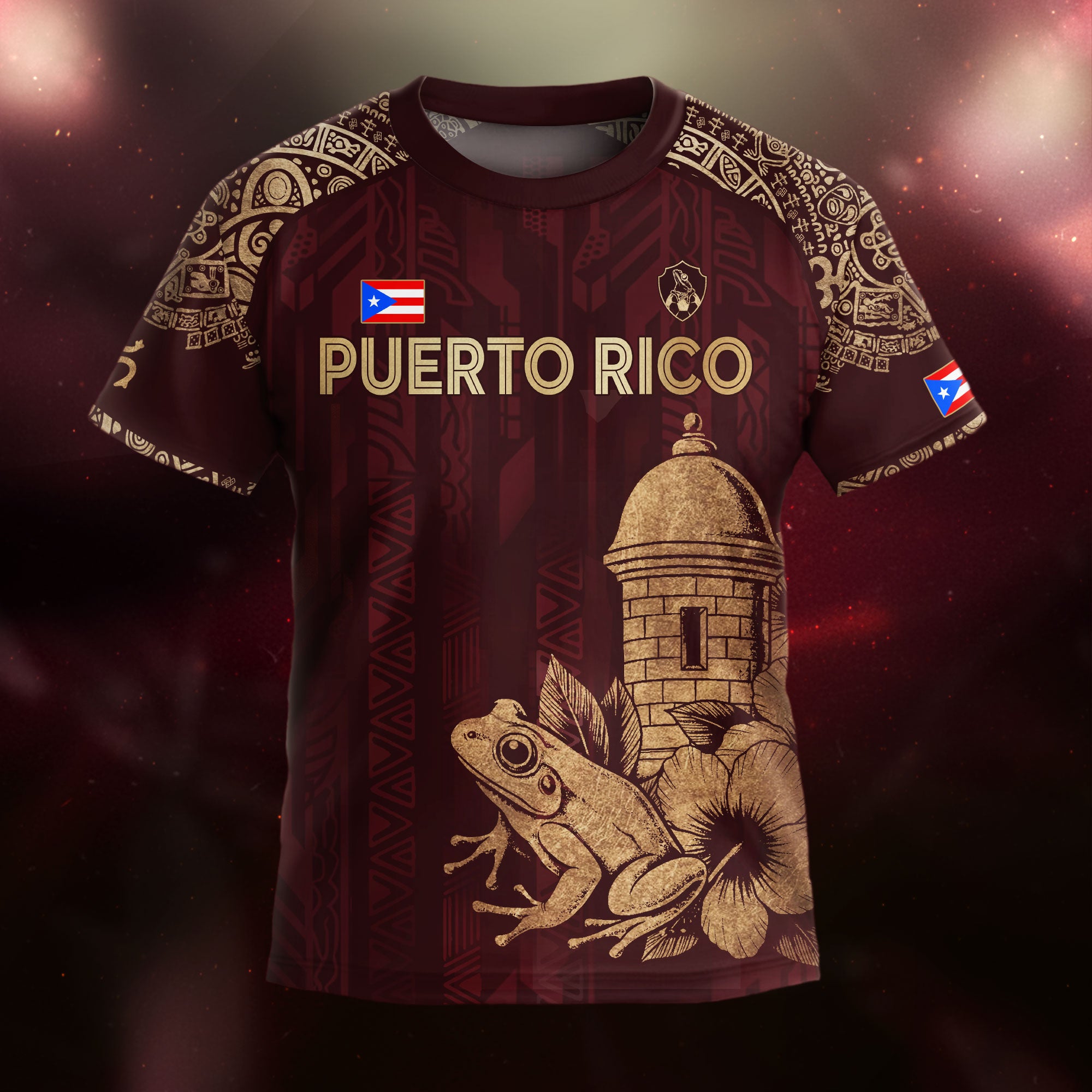 Puerto Rico Kids Youth Maroon Gold Coqui Frog Garita Floral Taino Sun Heritage Soccer Jersey