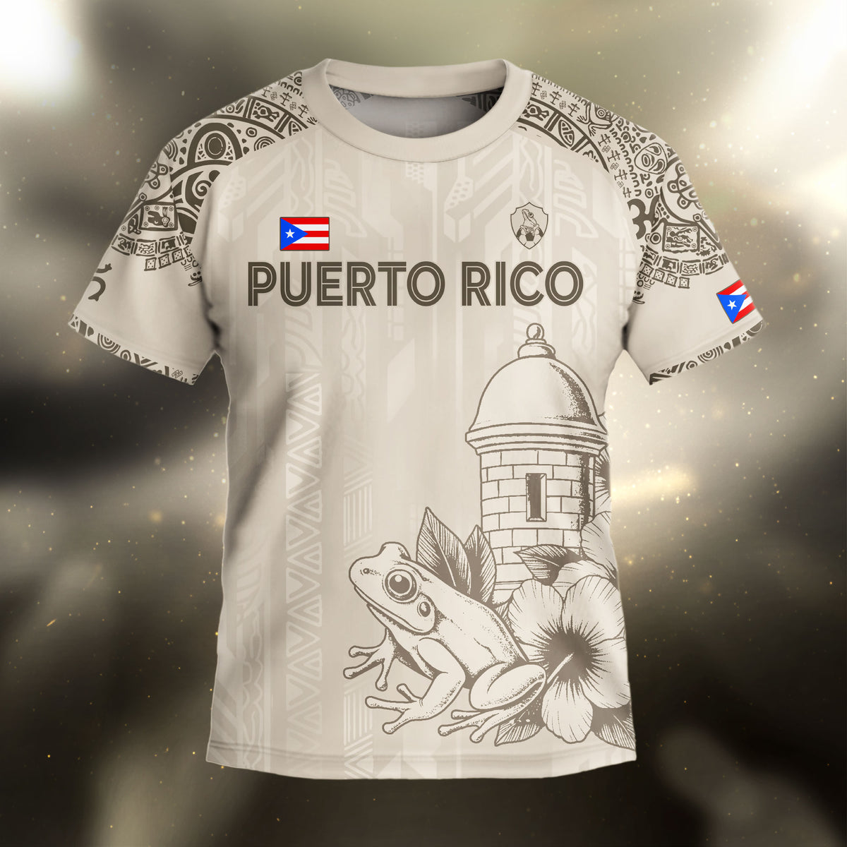Puerto Rico Kids Youth Beige Gold Coqui Frog Garita Floral Taino Sun Heritage Soccer Jersey