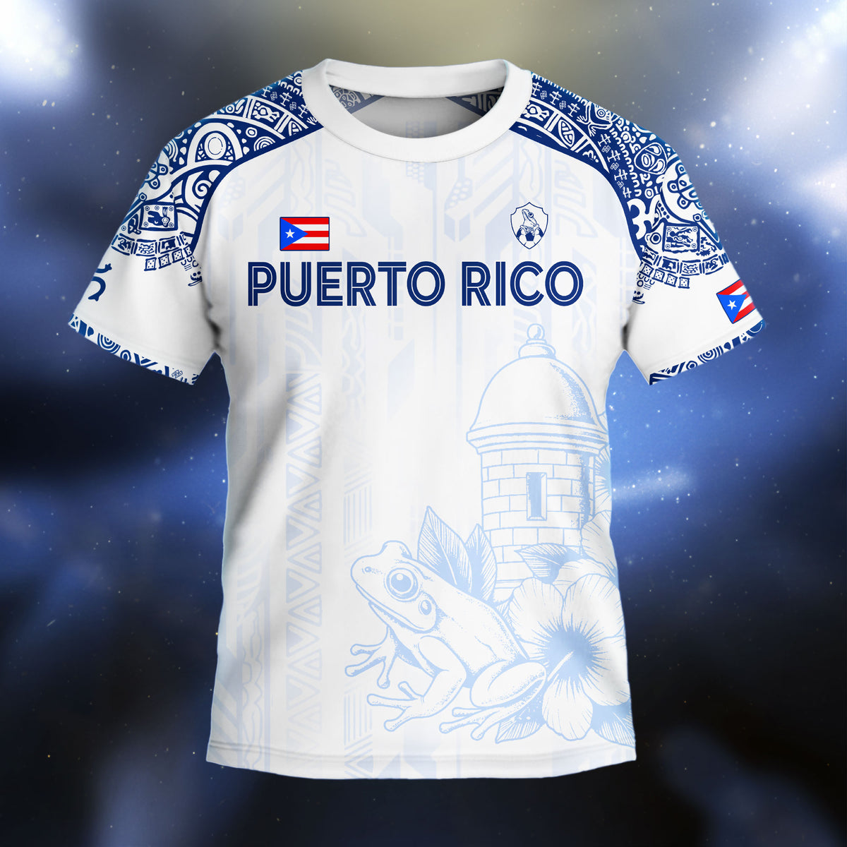Puerto Rico Kids Youth White Blue Coqui Frog Garita Floral Taino Sun Island Heritage Soccer Jersey