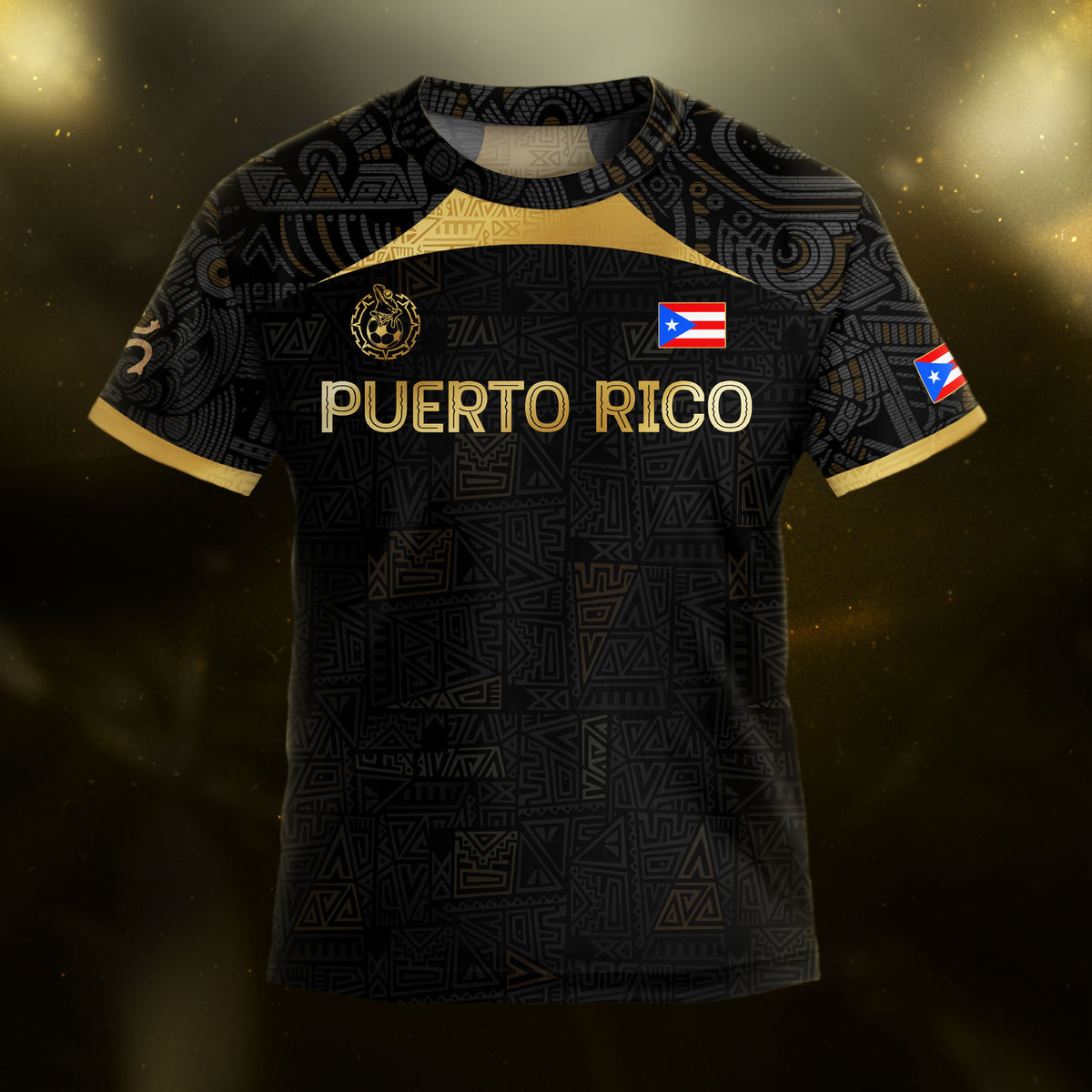 Puerto Rico Kids Youth Black Gold Tribal Graphic Taino Sun National Heritage Soccer Jersey