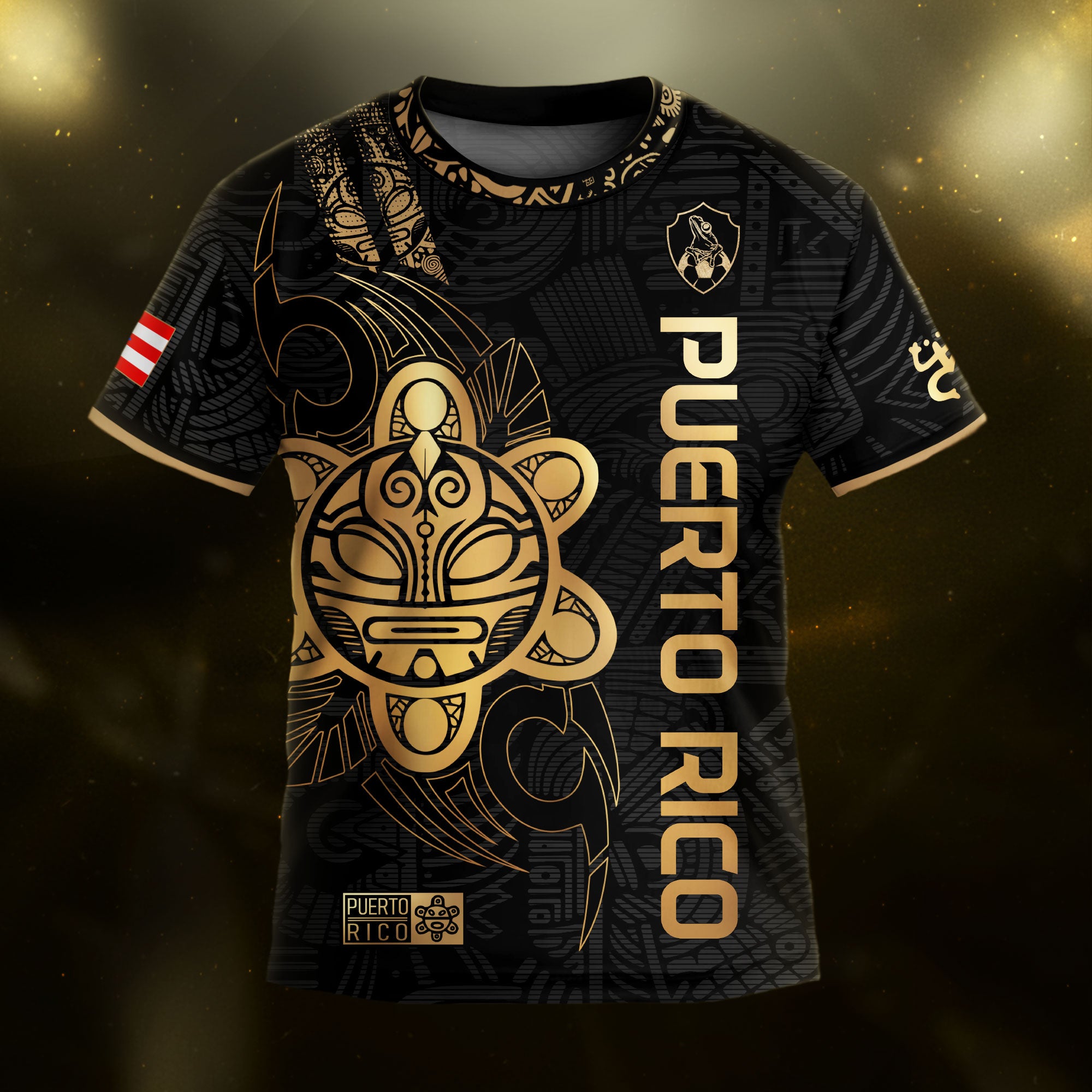 Camiseta de fútbol juvenil negra dorada del Sol Taino de Puerto Rico para niños y jóvenes, herencia nacional, orgullo boricua