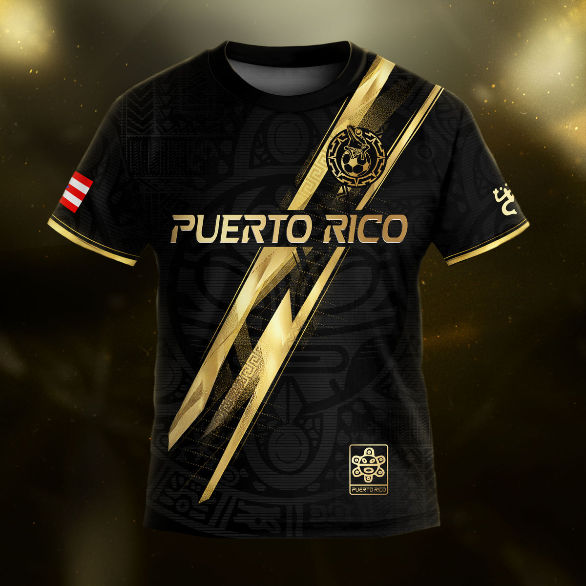 Puerto Rico Kids Youth Black Gold Lightning Graphic Taino Sun National Heritage Soccer Jersey