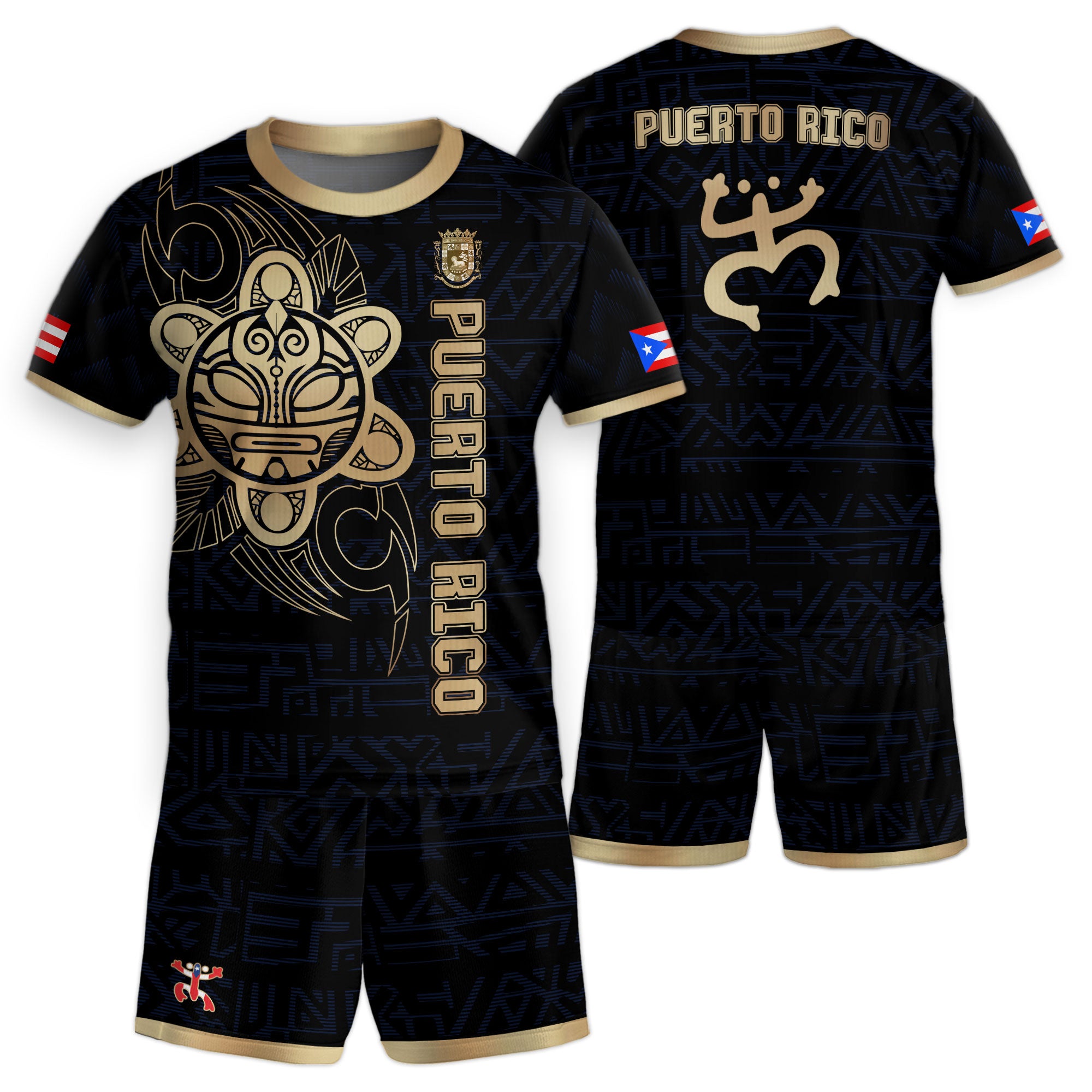 Puerto Rico Kids Youth Black Navy Gold Taino Sun God Tribal Heritage Soccer Jersey