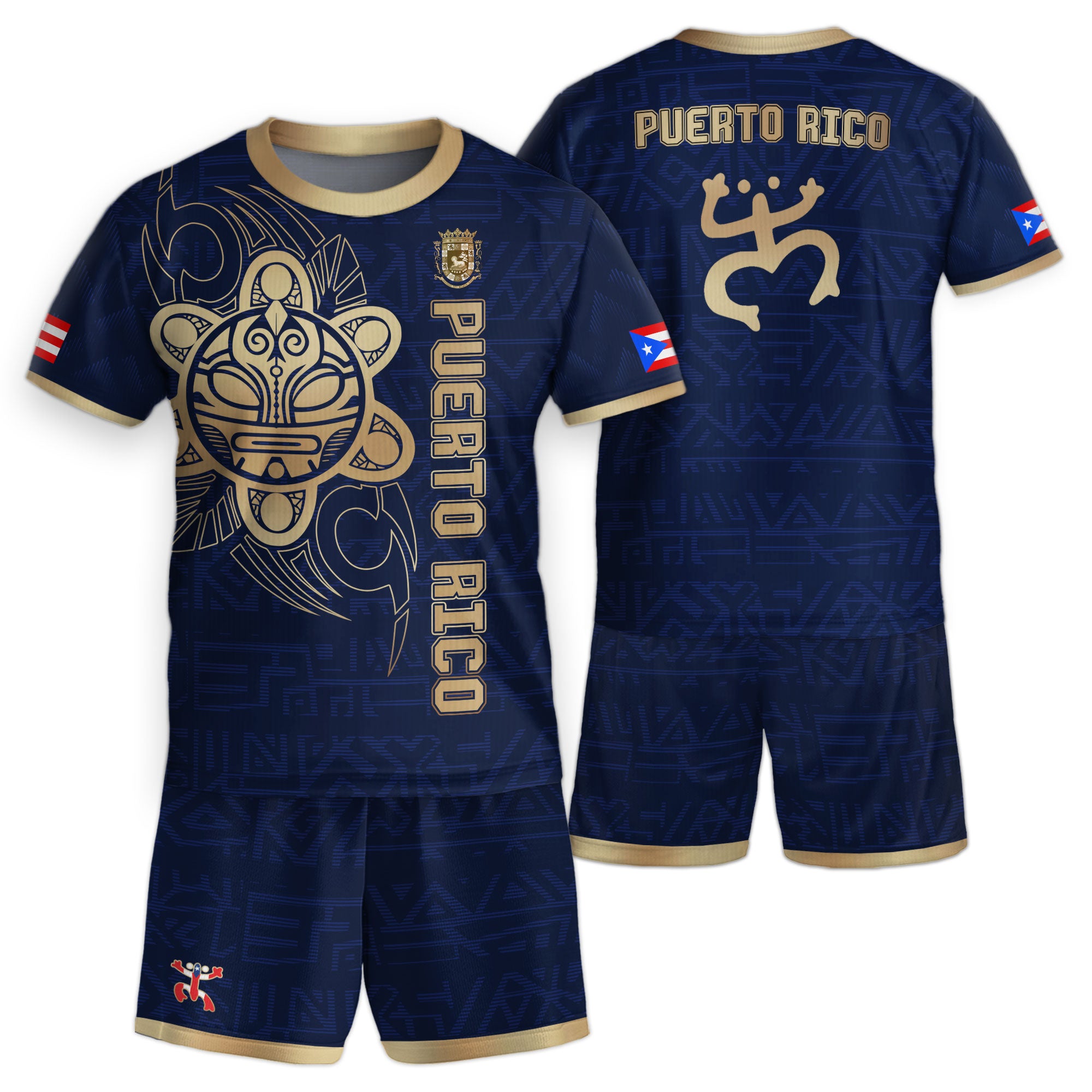Camiseta de fútbol juvenil de Puerto Rico para niños, color dorado, azul marino, dios del sol taíno, herencia nacional boricua antigua