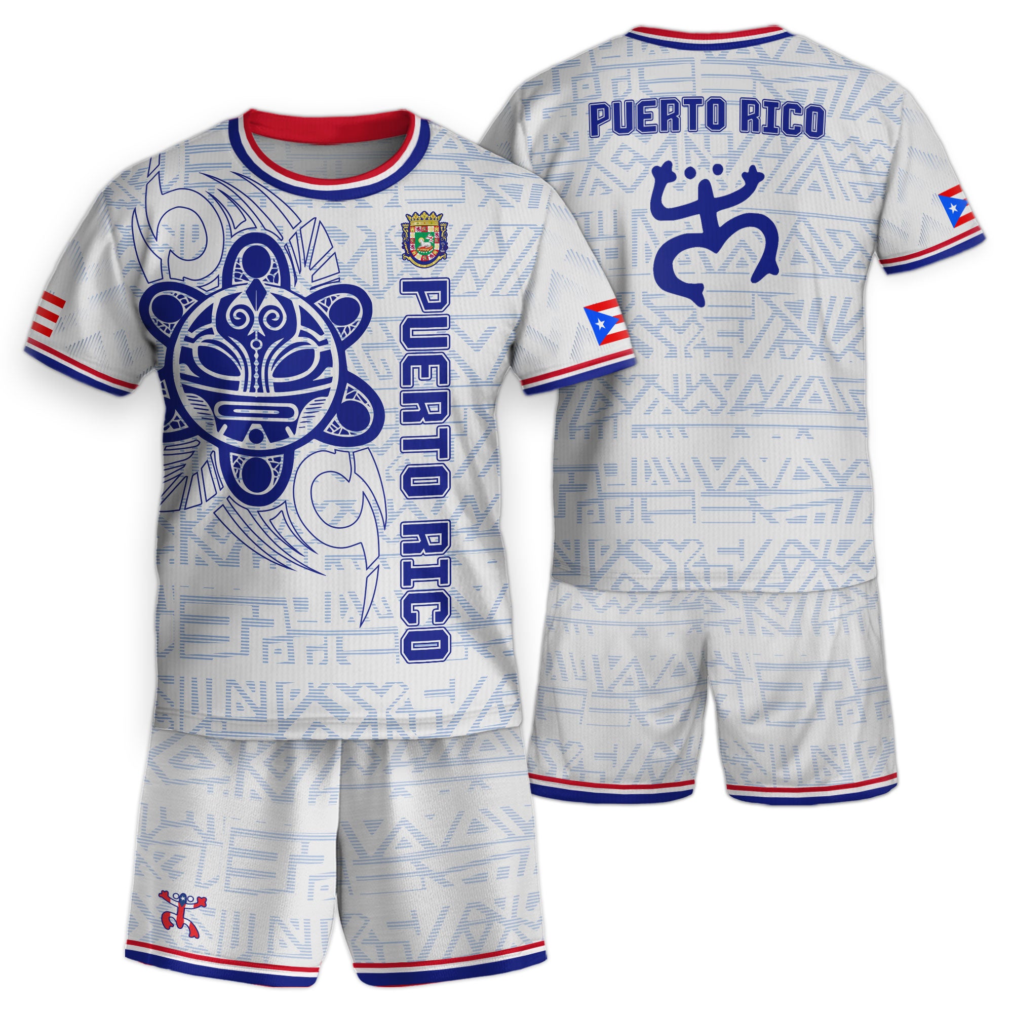 Camiseta de fútbol juvenil blanca y azul de la tribu boricua del sol taíno de Puerto Rico para niños