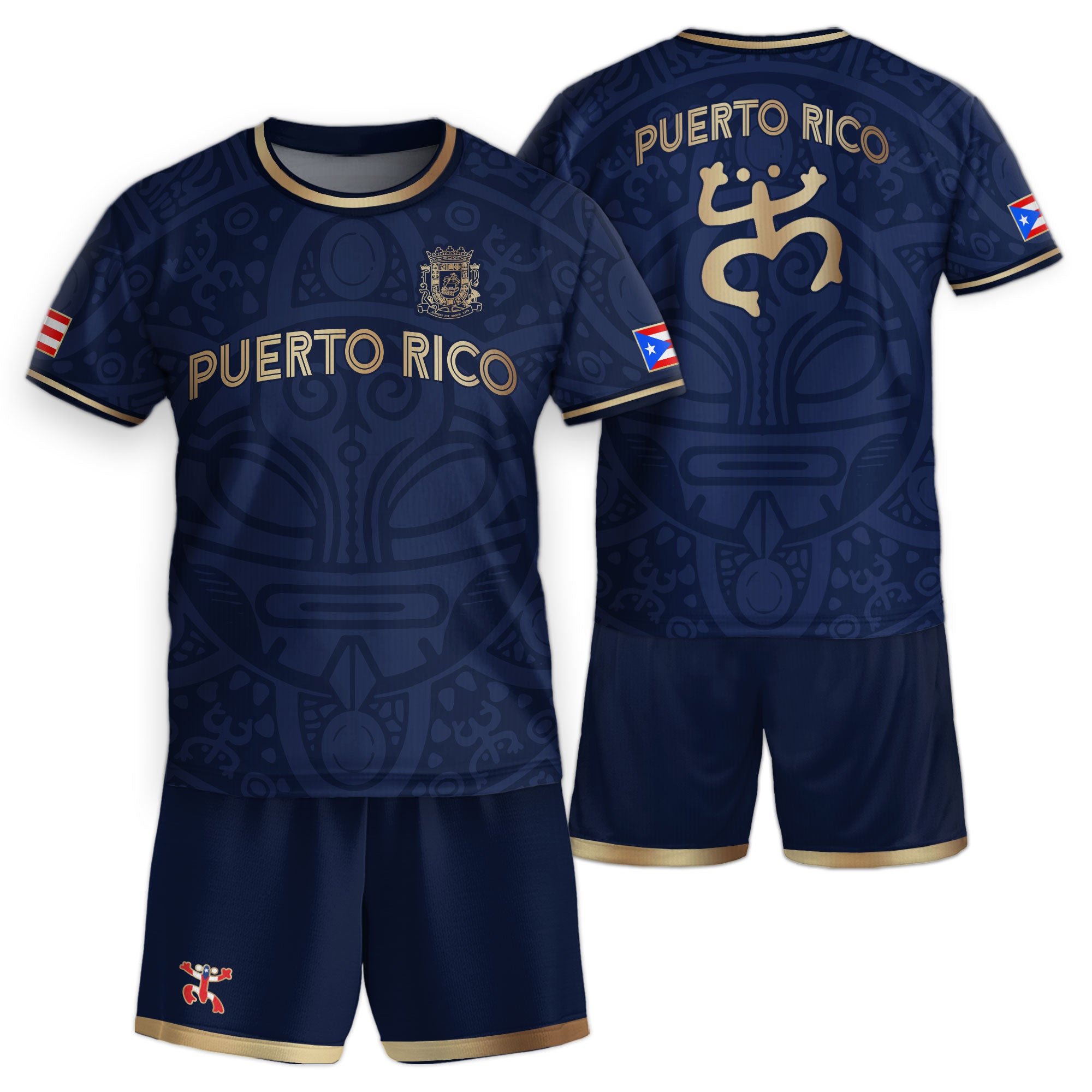 Camiseta de fútbol patriótica tribal boricua sol taíno coquí de Puerto Rico para niños y jóvenes, color dorado y azul marino