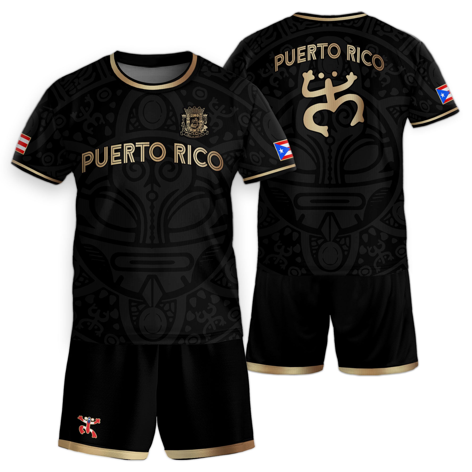 Puerto Rico Kids Youth Black Gold Boricua Taino Mask Coqui Frog Tribal Soccer Jersey
