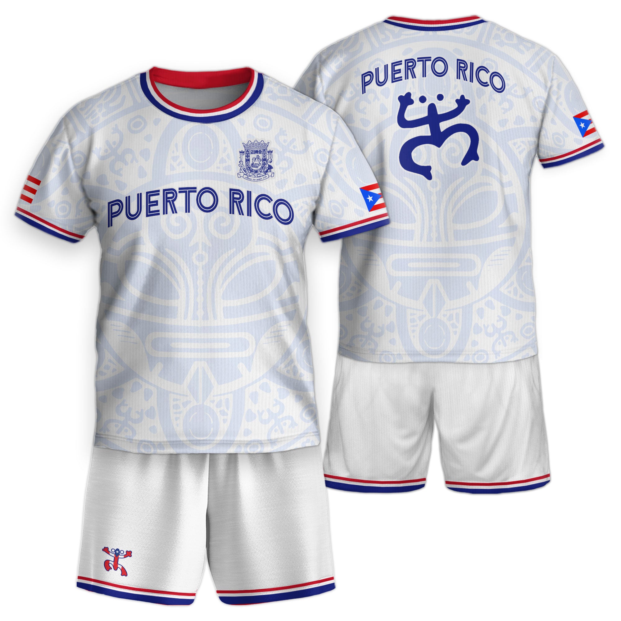 Puerto Rico Kids Youth White Blue Boricua Taino Mask Coqui Frog Tribal Soccer Jersey