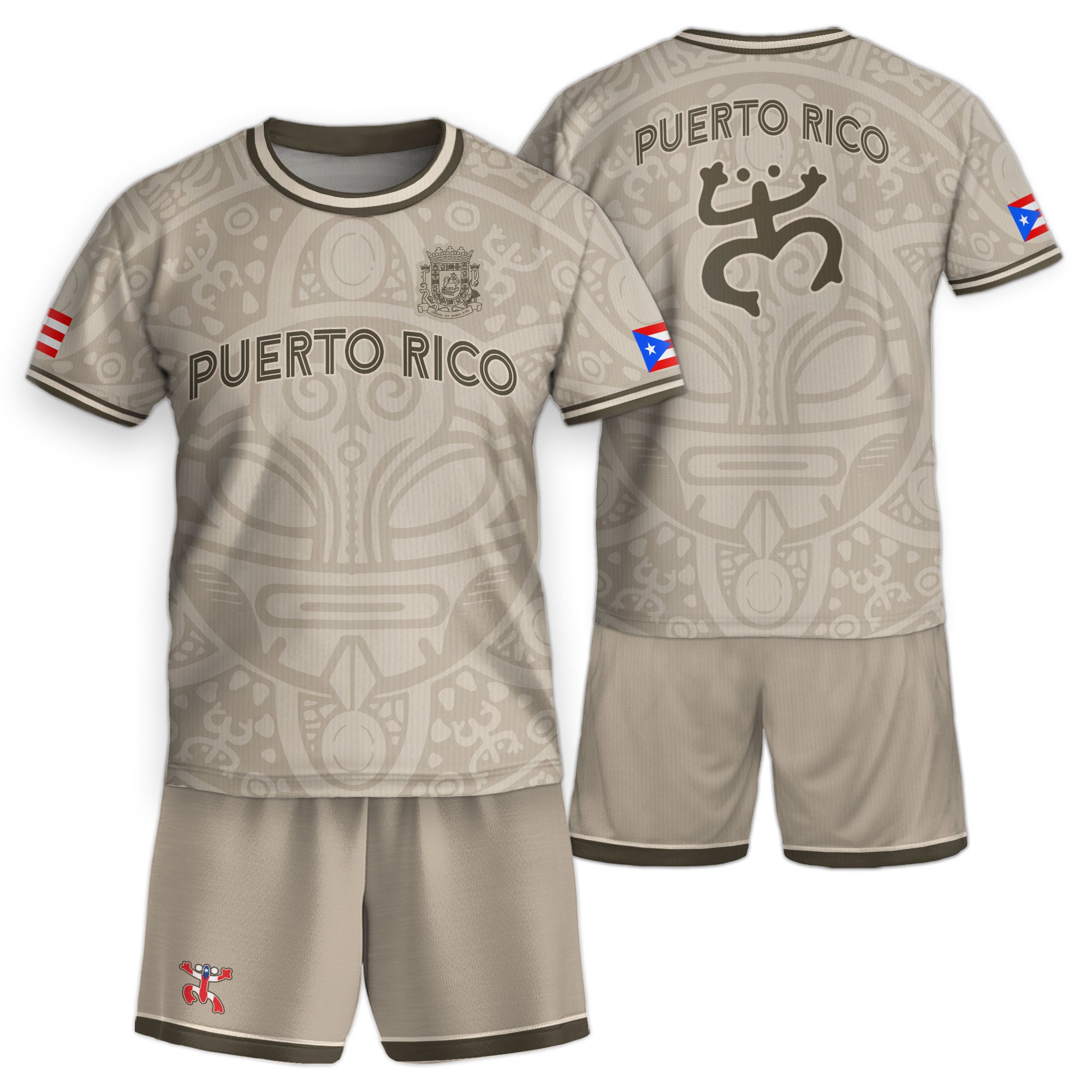 Puerto Rico Kids Youth Beige Gold Boricua Taino Mask Coqui Frog Tribal Soccer Jersey