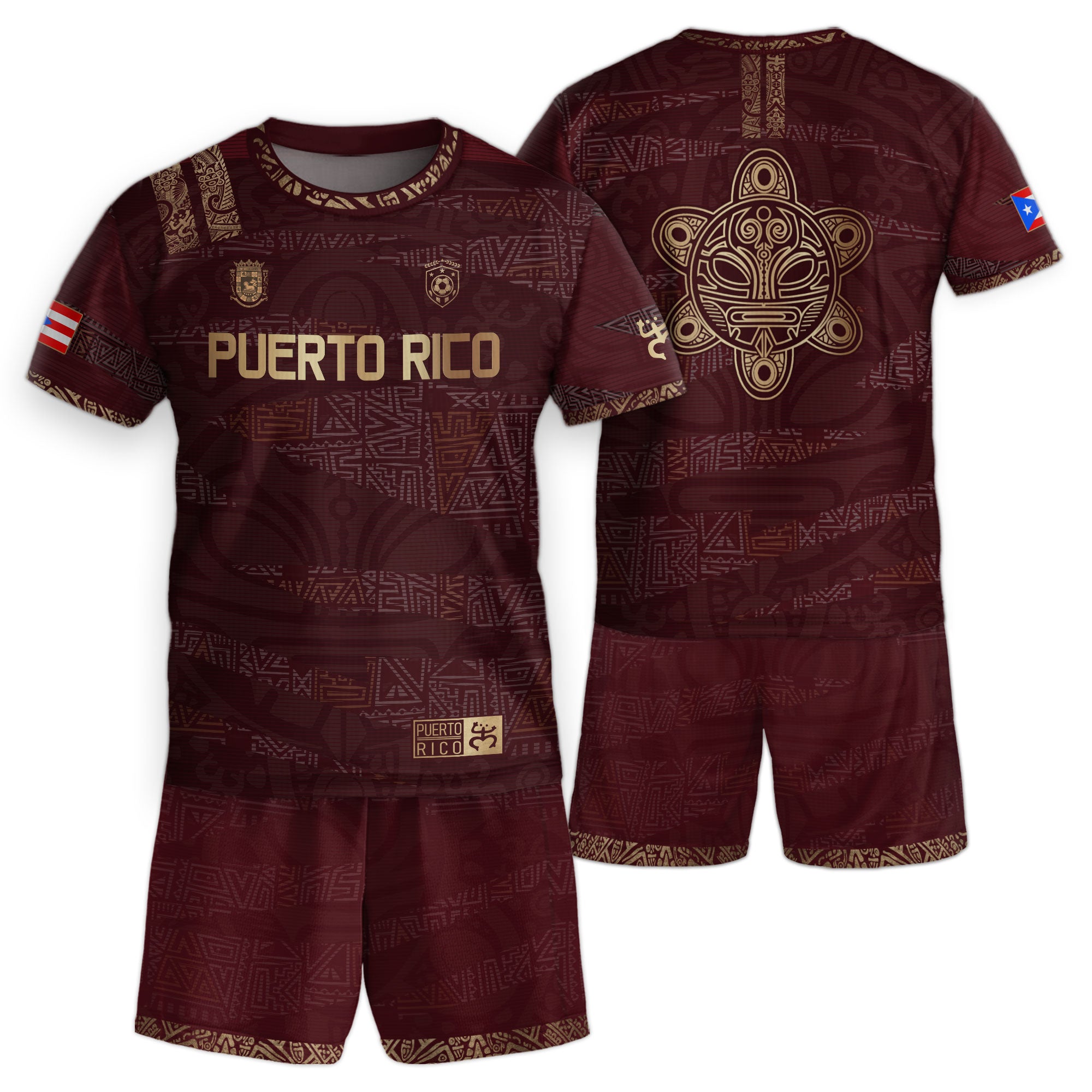 Camiseta de fútbol boricua de herencia nacional con diseño tribal taíno dorado granate para niños y jóvenes de Puerto Rico