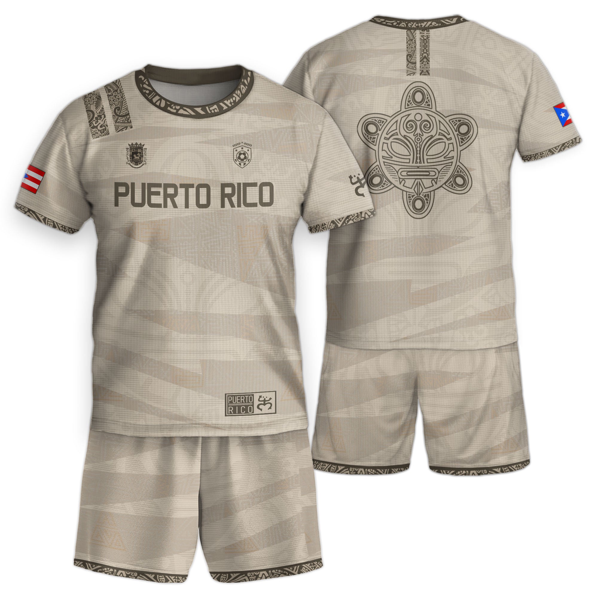 Puerto Rico Kids Youth Beige Gold Taino Tribal Pattern National Heritage Boricua Soccer Jersey