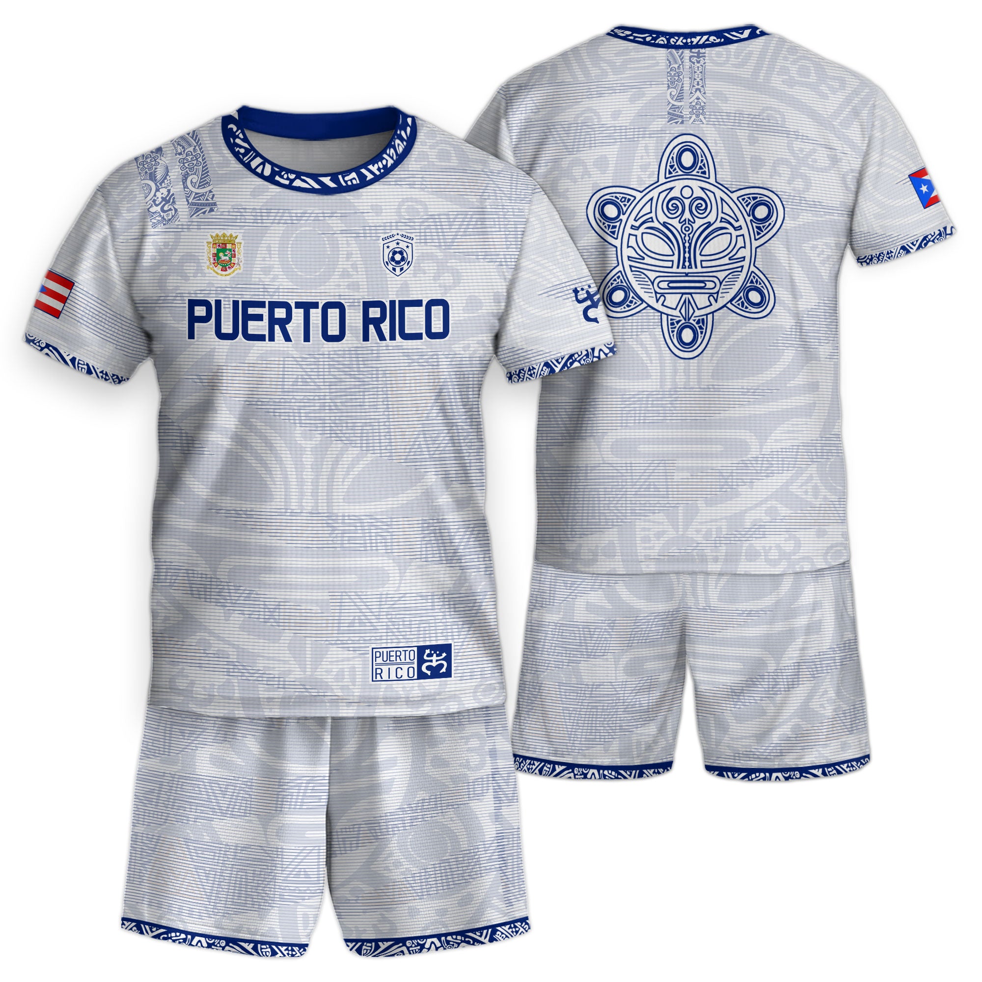 Camiseta de fútbol boricua de herencia nacional con patrón tribal taíno blanco y azul para niños y jóvenes de Puerto Rico