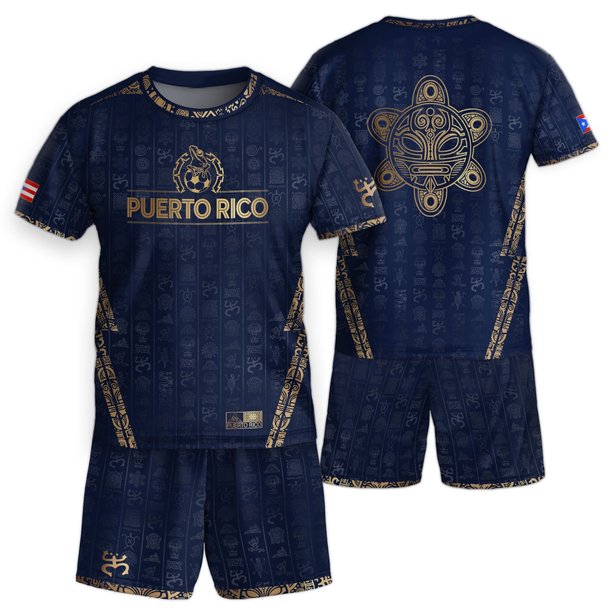 Camiseta de fútbol juvenil de Puerto Rico para niños, color azul marino dorado, con el Sol Taino, herencia nacional, arte boricua