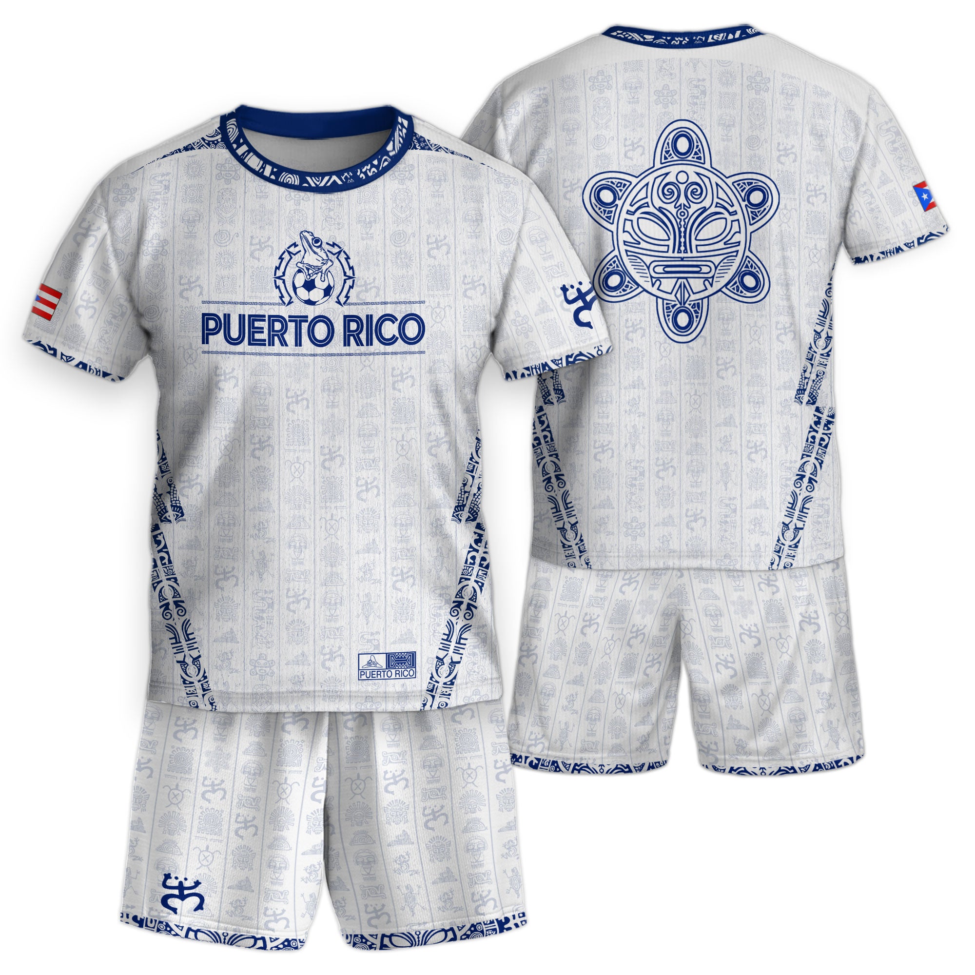 Camiseta de fútbol juvenil blanca y azul del Sol Taino de Puerto Rico, patrimonio nacional, arte boricua