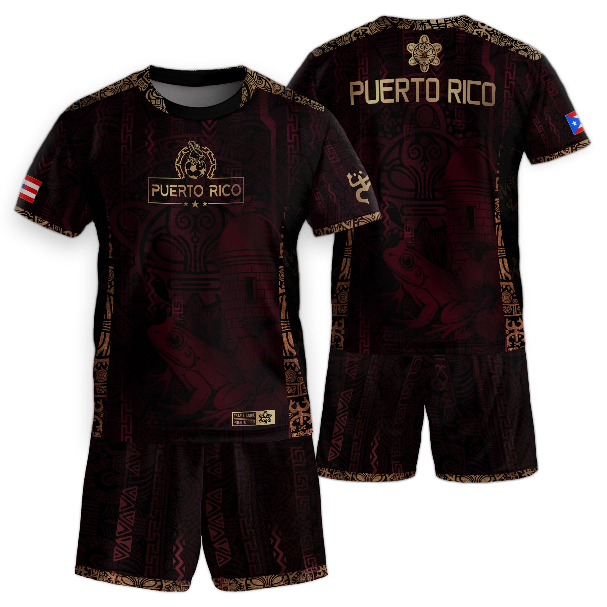 Puerto Rico Kids Youth Maroon Gold Taino Sun Boricua Coqui Frog Heritage Art Soccer Jersey