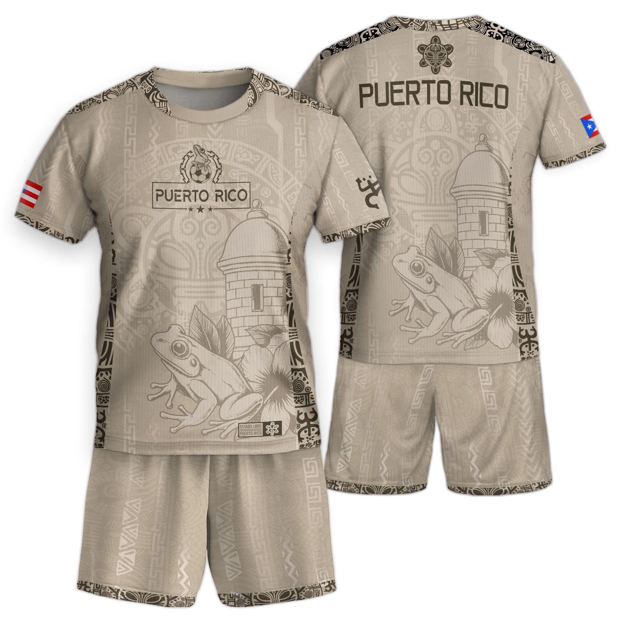 Puerto Rico Kids Youth Beige Gold Coqui Frog Floral Garita Taino Sun Heritage Soccer Jersey