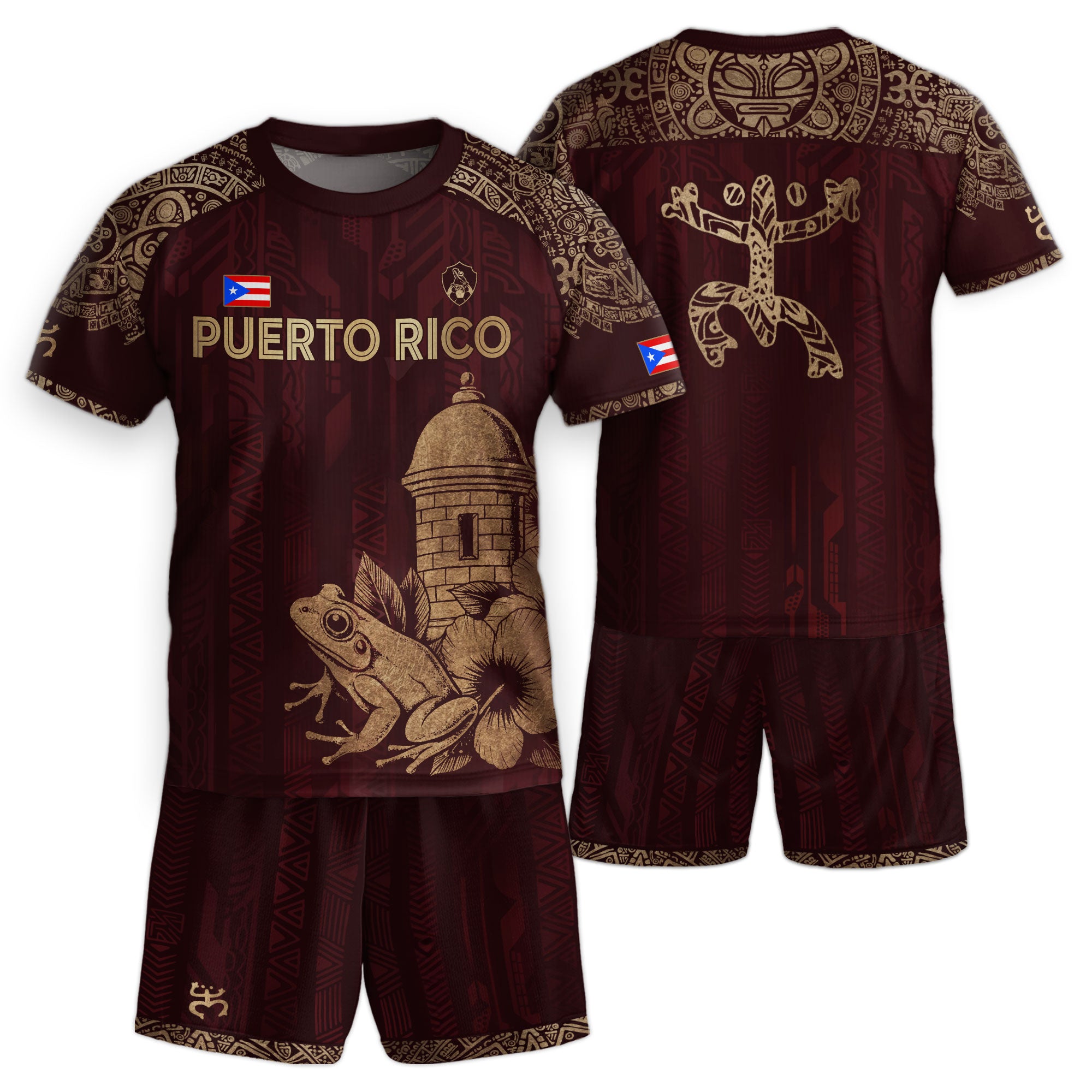 Puerto Rico Kids Youth Maroon Gold Coqui Frog Garita Floral Taino Sun Heritage Soccer Jersey