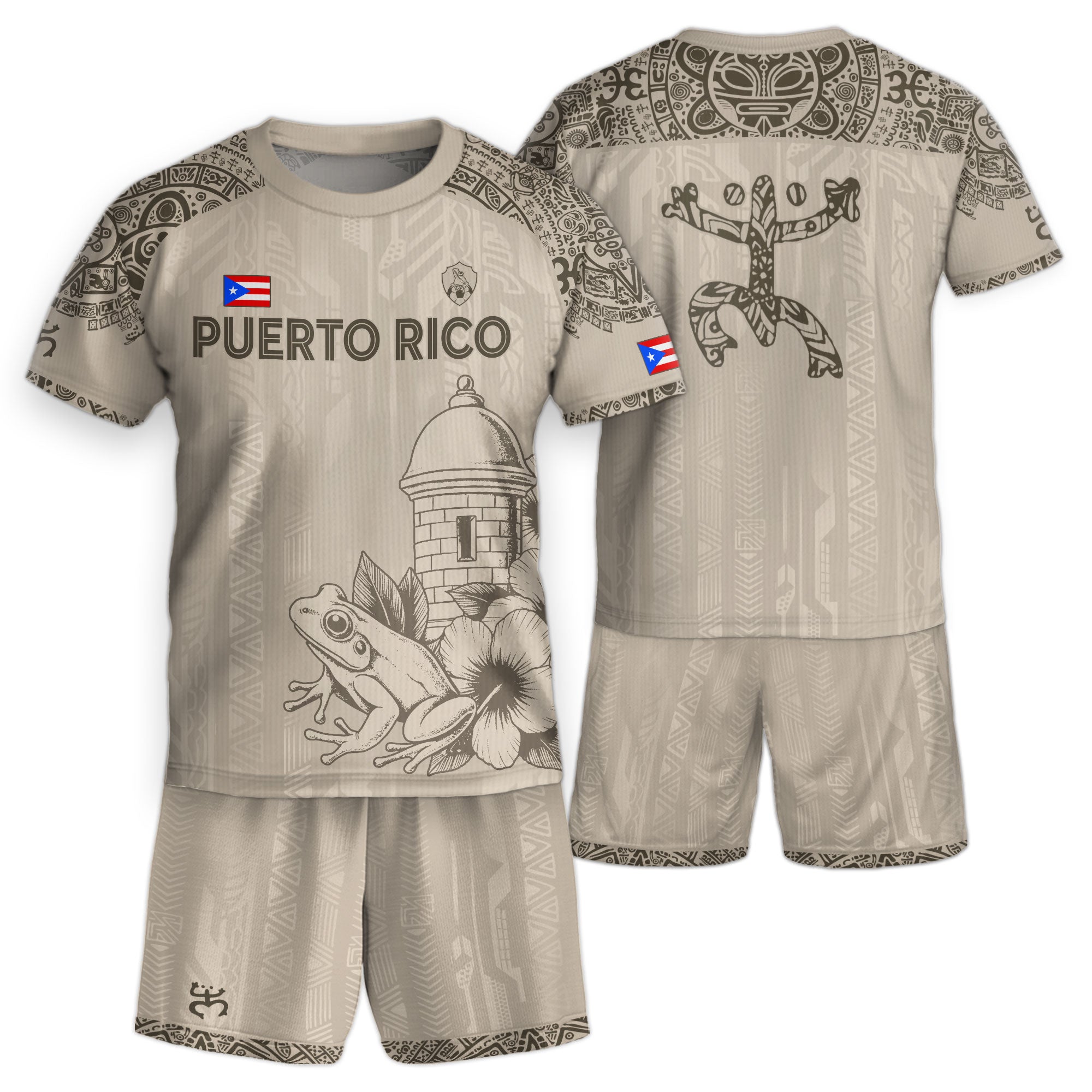 Puerto Rico Kids Youth Beige Gold Coqui Frog Garita Floral Taino Sun Heritage Soccer Jersey