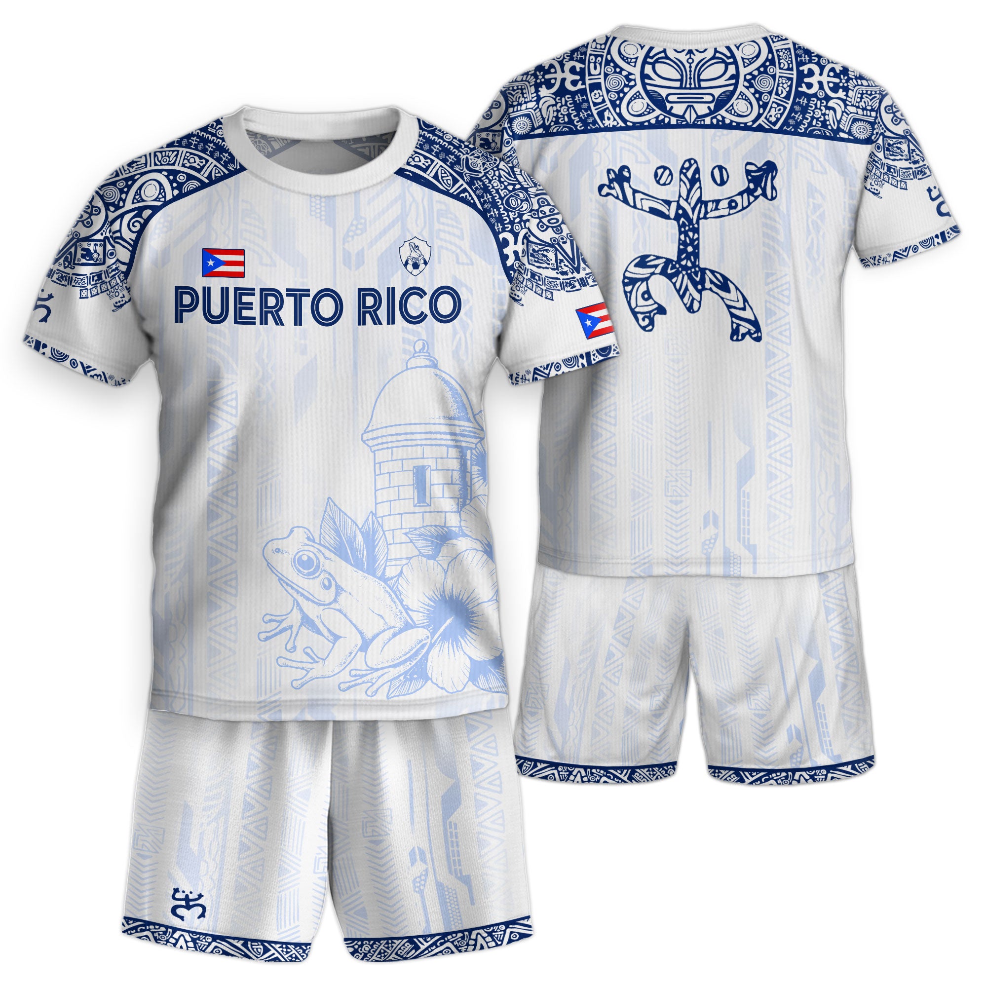 Puerto Rico Niños Jóvenes Blanco Azul Coqui Rana Garita Floral Taino Sun Island Heritage Soccer Jersey