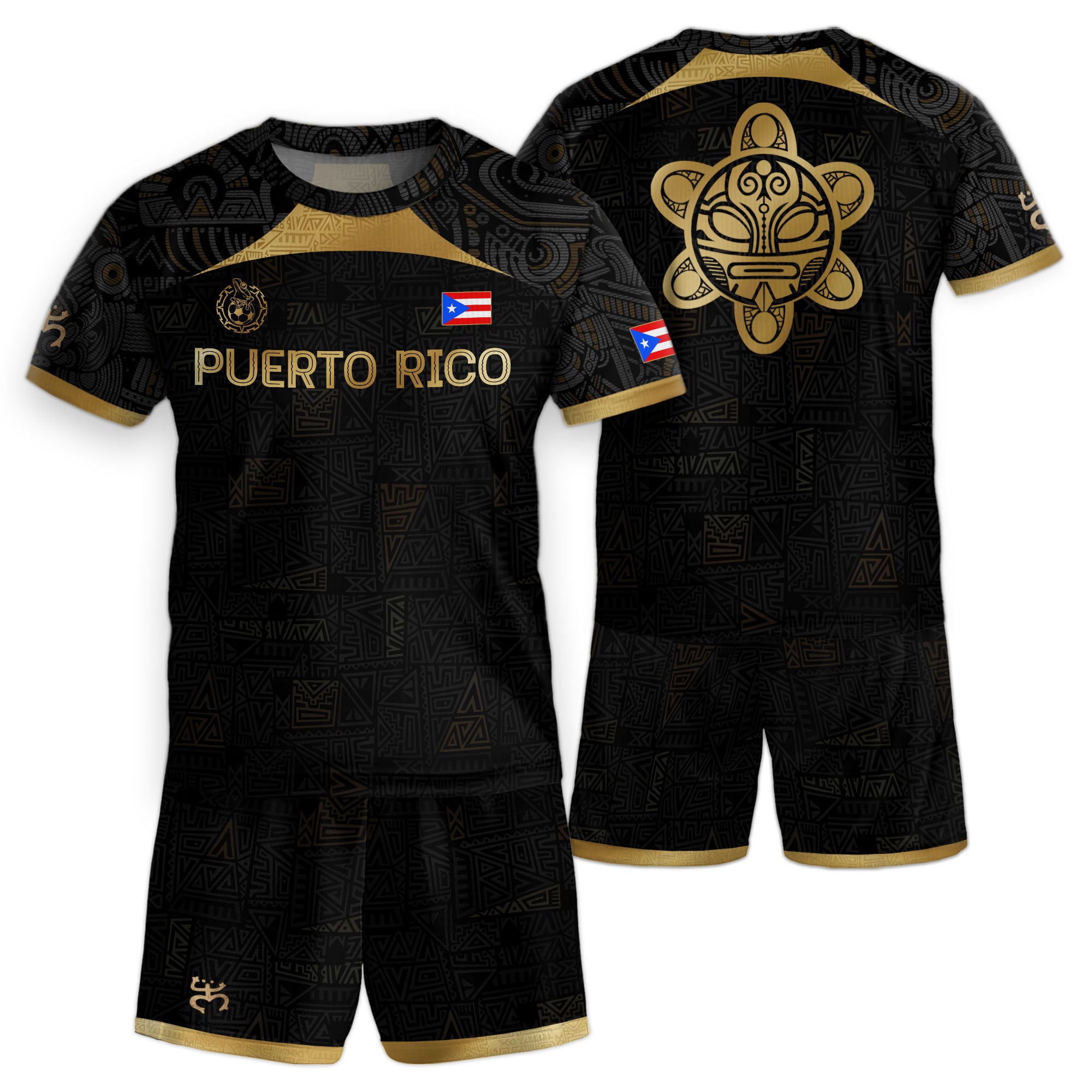 Puerto Rico Kids Youth Black Gold Tribal Graphic Taino Sun National Heritage Soccer Jersey