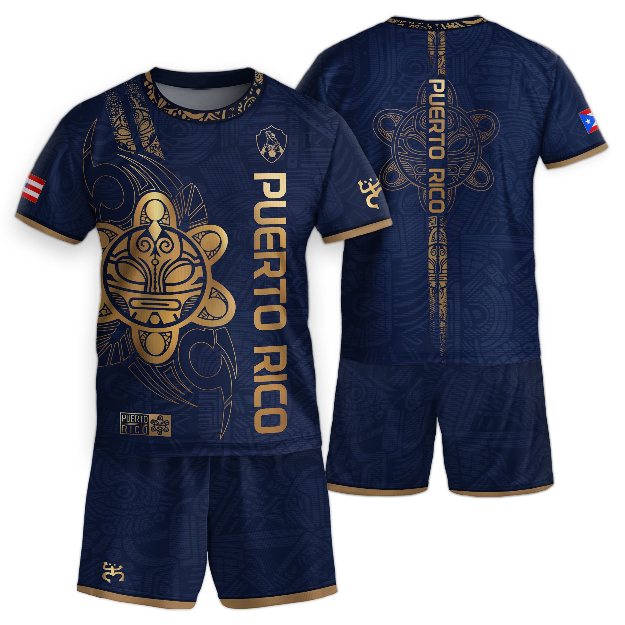 Camiseta de fútbol boricua de herencia nacional con texto vertical del Sol Taino dorado azul marino para niños y jóvenes de Puerto Rico