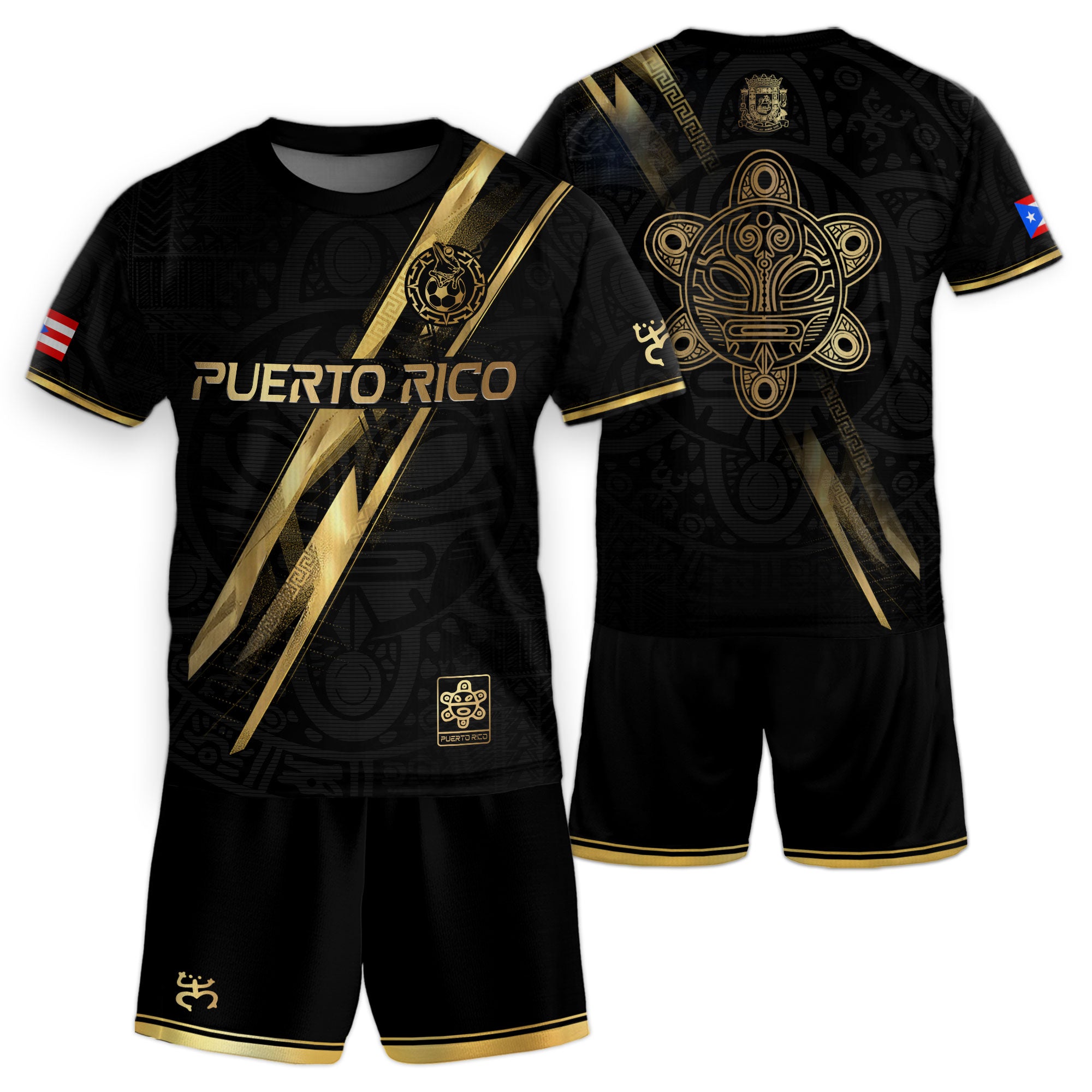 Puerto Rico Kids Youth Black Gold Lightning Graphic Taino Sun National Heritage Soccer Jersey