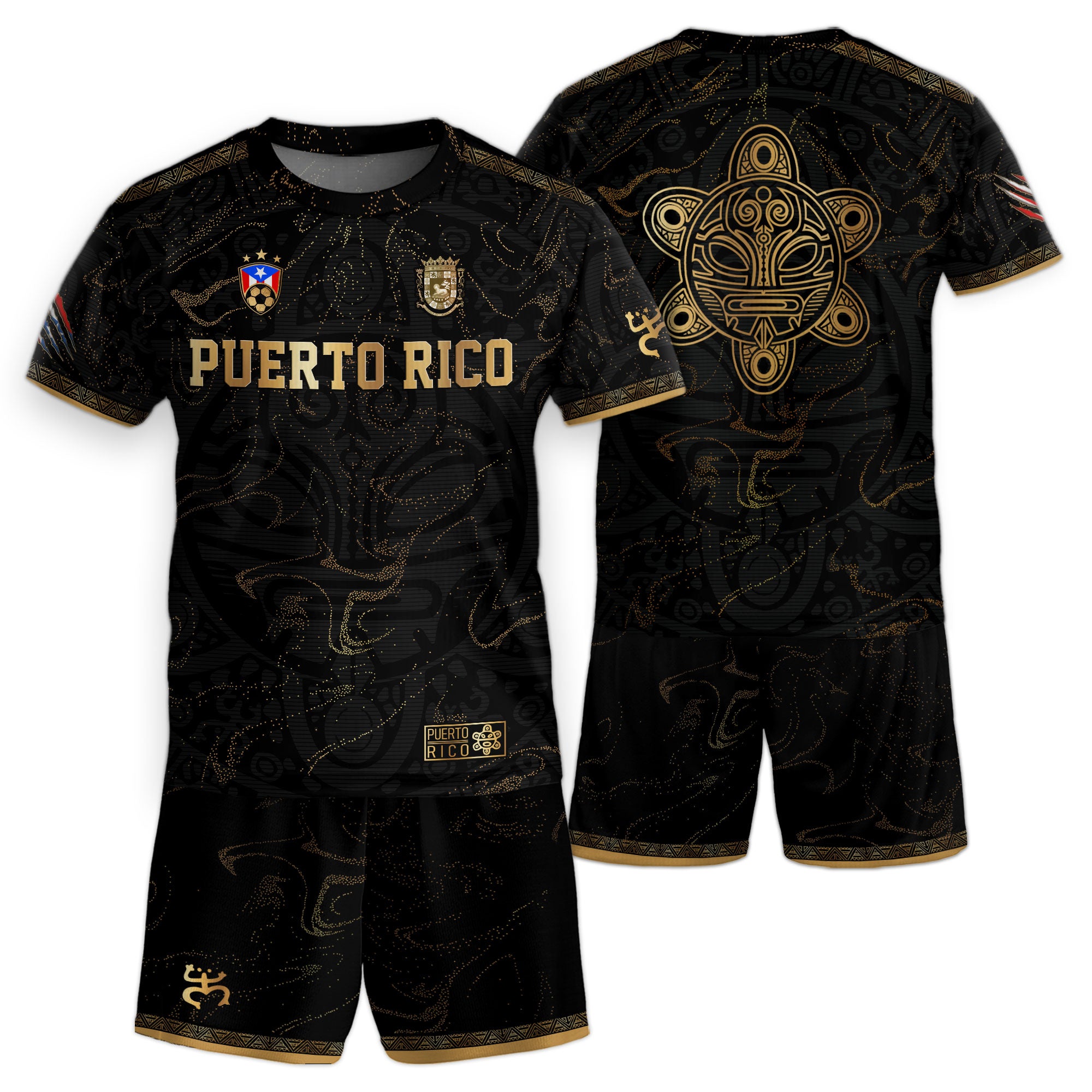 Puerto Rico Kids Youth Black Gold Abstract Taino Sun National Heritage Boricua Soccer Jersey