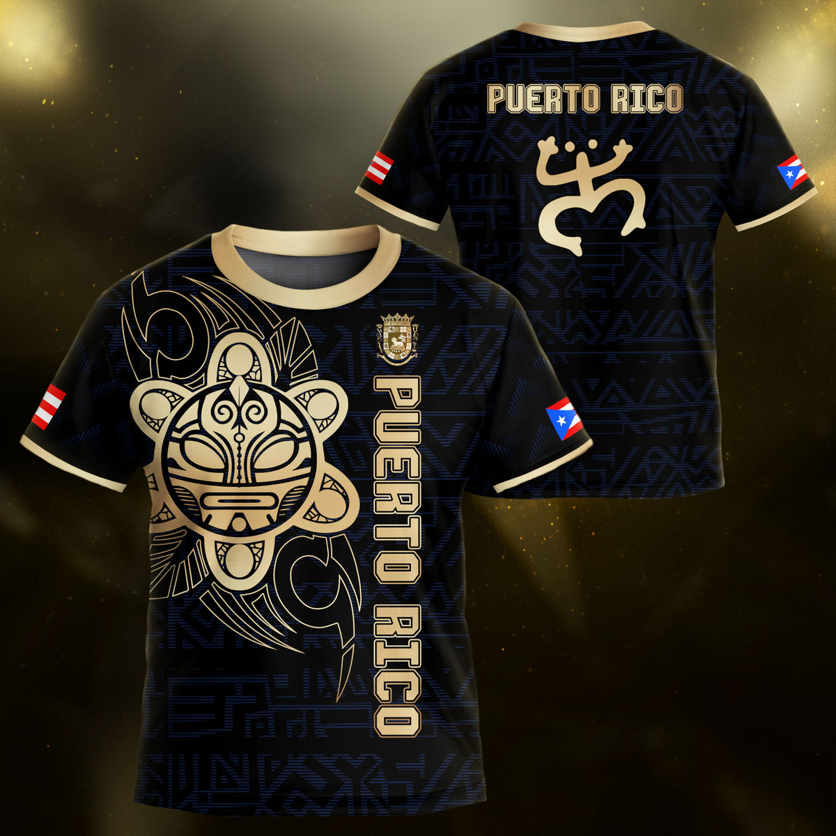 Puerto Rico Kids Youth Black Navy Gold Taino Sun God Tribal Heritage Soccer Jersey