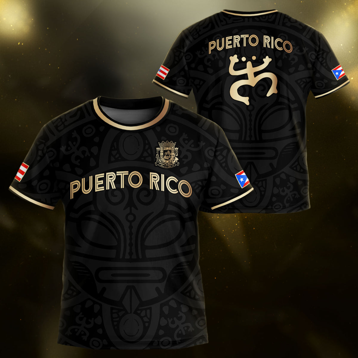 Puerto Rico Kids Youth Black Gold Boricua Taino Mask Coqui Frog Tribal Soccer Jersey