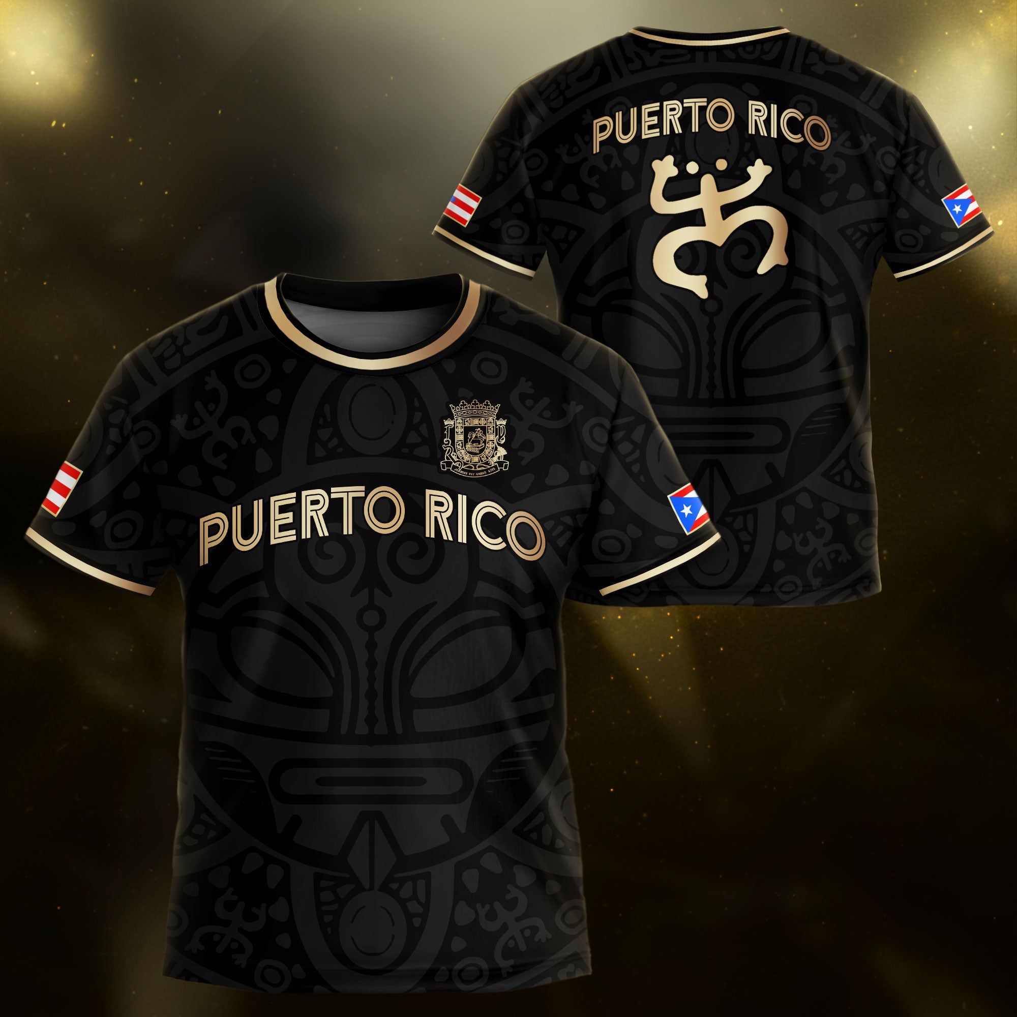 Puerto Rico Kids Youth Black Gold Boricua Taino Mask Coqui Frog Tribal Soccer Jersey