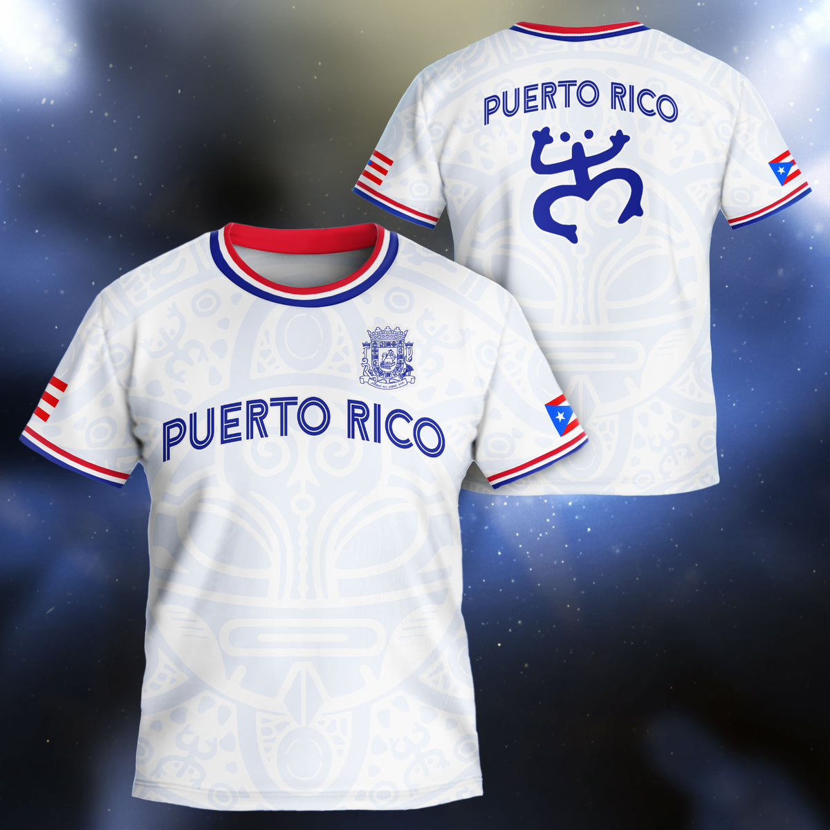 Puerto Rico Kids Youth White Blue Boricua Taino Mask Coqui Frog Tribal Soccer Jersey
