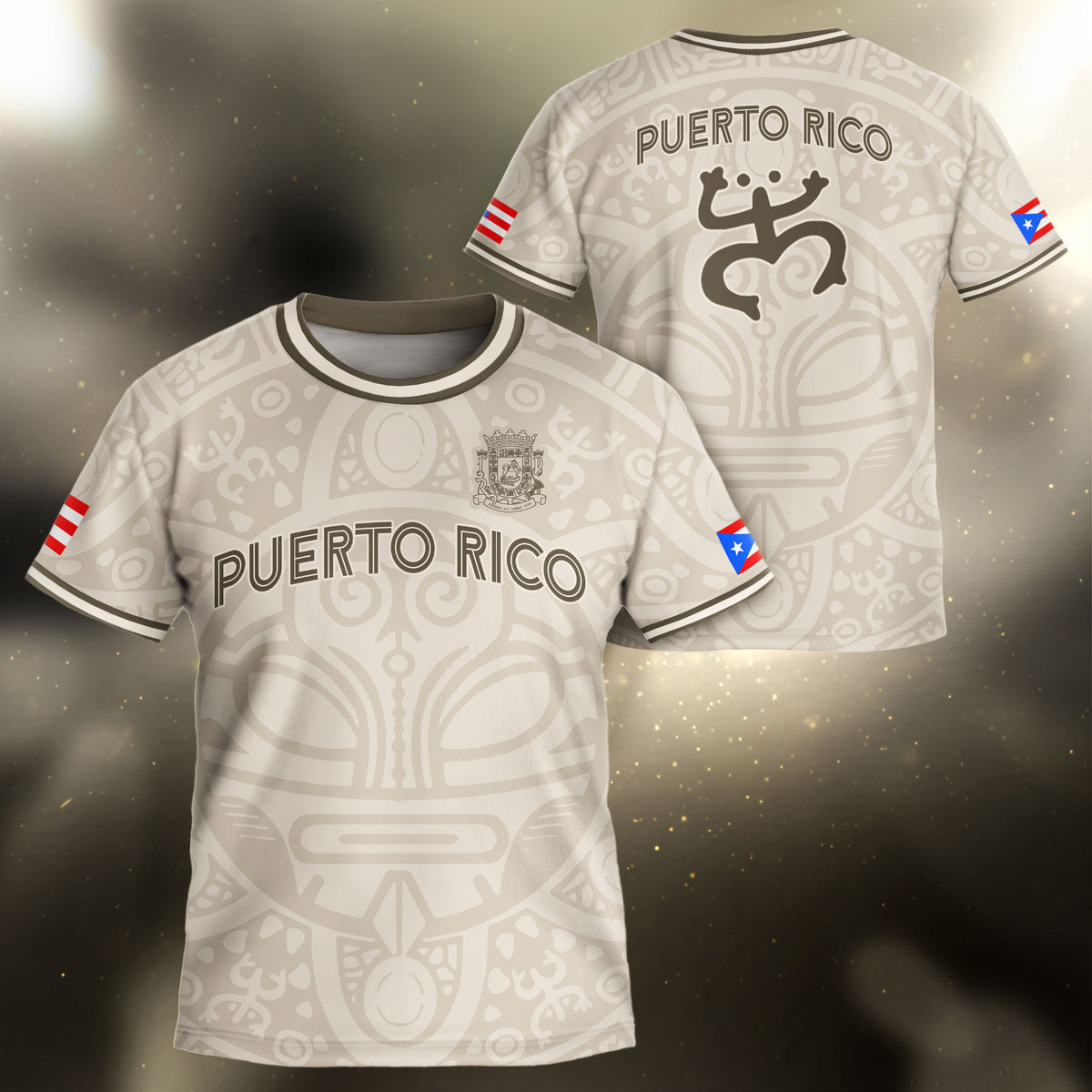 Puerto Rico Kids Youth Beige Gold Boricua Taino Mask Coqui Frog Tribal Soccer Jersey